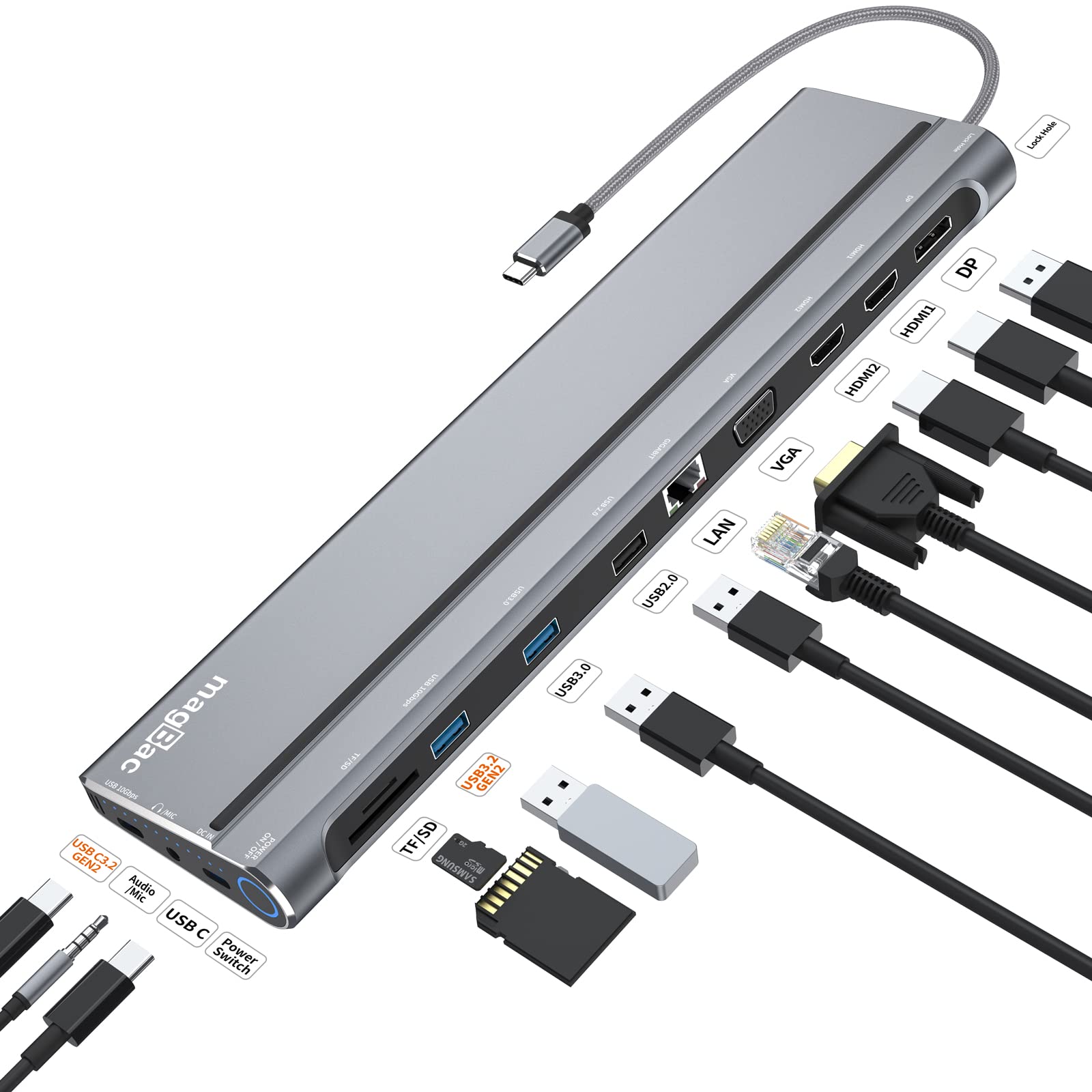 USB C Docking Station Dual Monitor 12 in 1 Laptop Docking Station 3 Monitor 4K Display with HDMI, DP, VGA, USB 3.0, 100w USB C PD, 1G LAN, TF/SD, Audio for Windows Laptop with Full-Featured Type-c