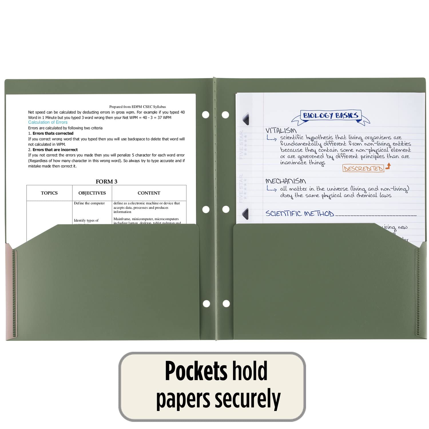 Five Star 2 Pocket Folders, 4 Pack, Recycled Plastic Folders with Stay-Put Tabs and Prong Fasteners, Fits 3-Ring Binder, Holds 11” x 8-1/2” Paper, Writable Label, Clay, Green, Blue, Gray (33002)