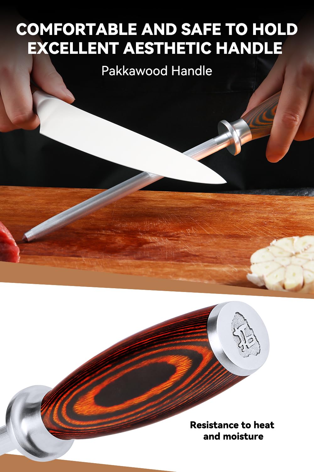 TUO Honing Steel for All Kitchen Knives Daily Sharpening Maintenance - High Carbon German Stainless Steel with Pakkawood Handle - 9-inch Sharpening Rod with Case - Fiery Phoenix Series