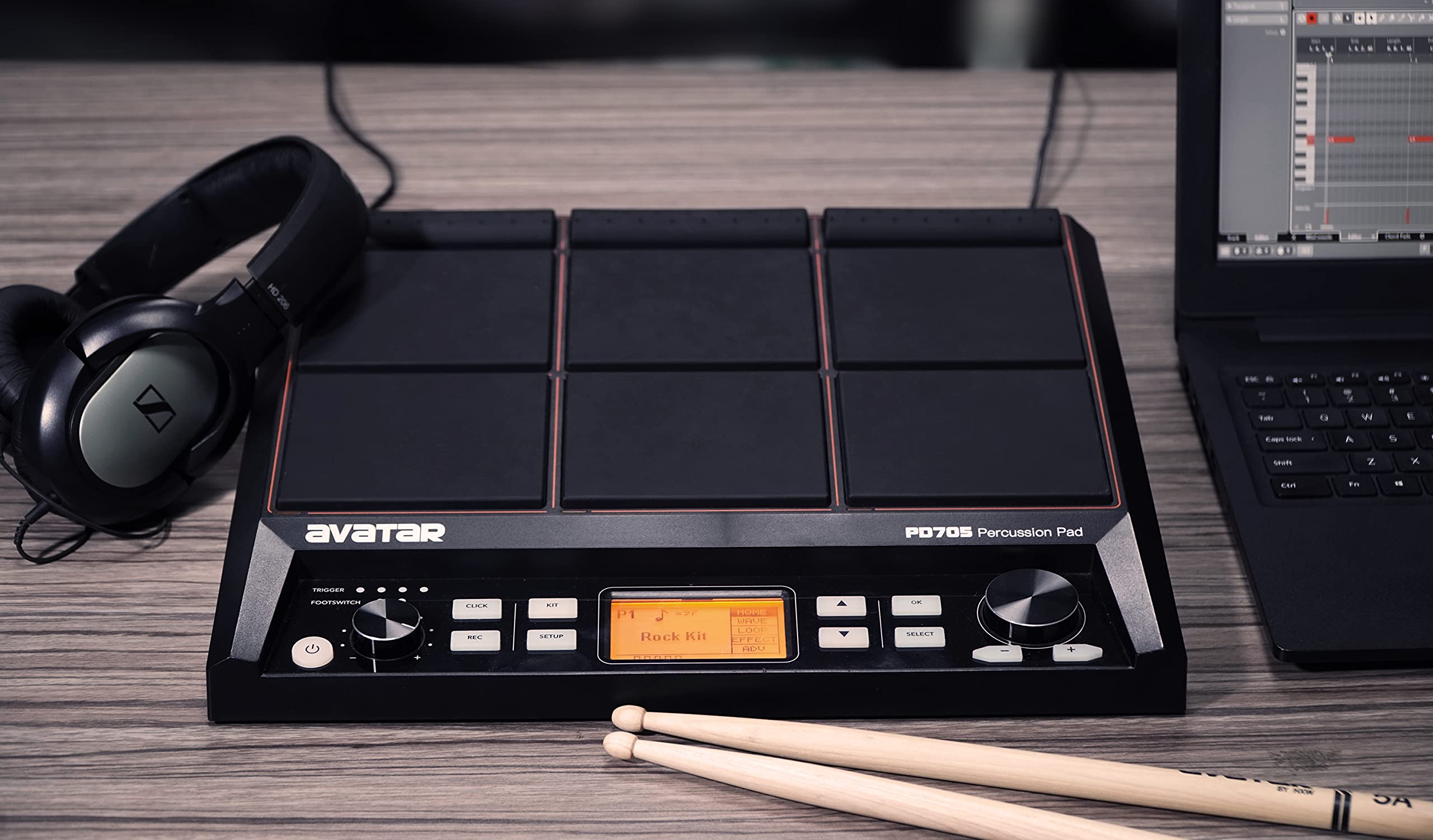 HXW PD705 Sample Pad for Sampling Sounds, Compact Multipad With 9 Velocity Sensitive Drum Pads, 592 Percussion Sounds, Support USB/MIDI In Out/AUX