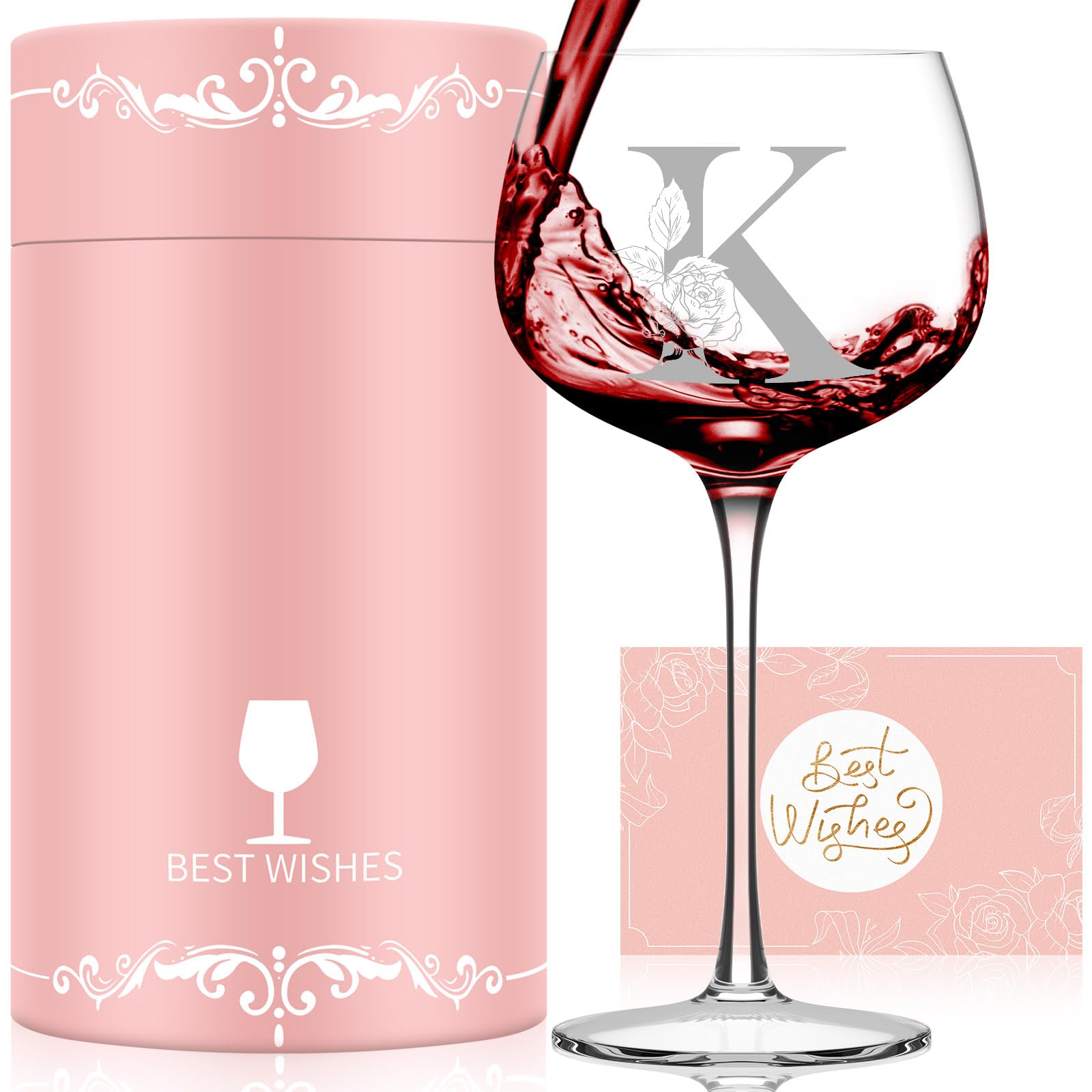 Mothers Day Gifts for Mom Grandma Wife Daughter, Initial A-Z Wine Glass Personalized Gift For Women, Unique Birthday Gifts for Women Her Mom Best Friend Sister Wife (K)