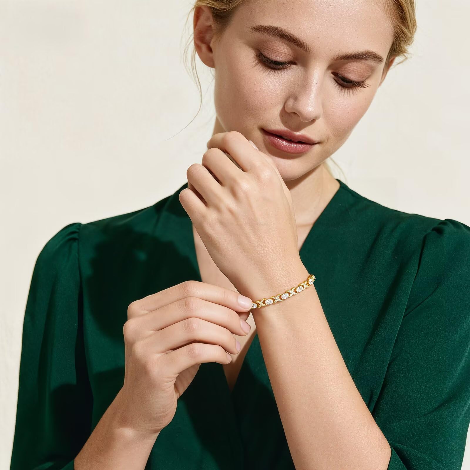 Iefil Mothers Day Gifts for Mom - May Simulated Emerald Bracelet Gold Plated 925 Sterling Silver Tennis Bracelets Unique X O Design Anniversary Birthday Gifts for Wife Girlfriend 7"