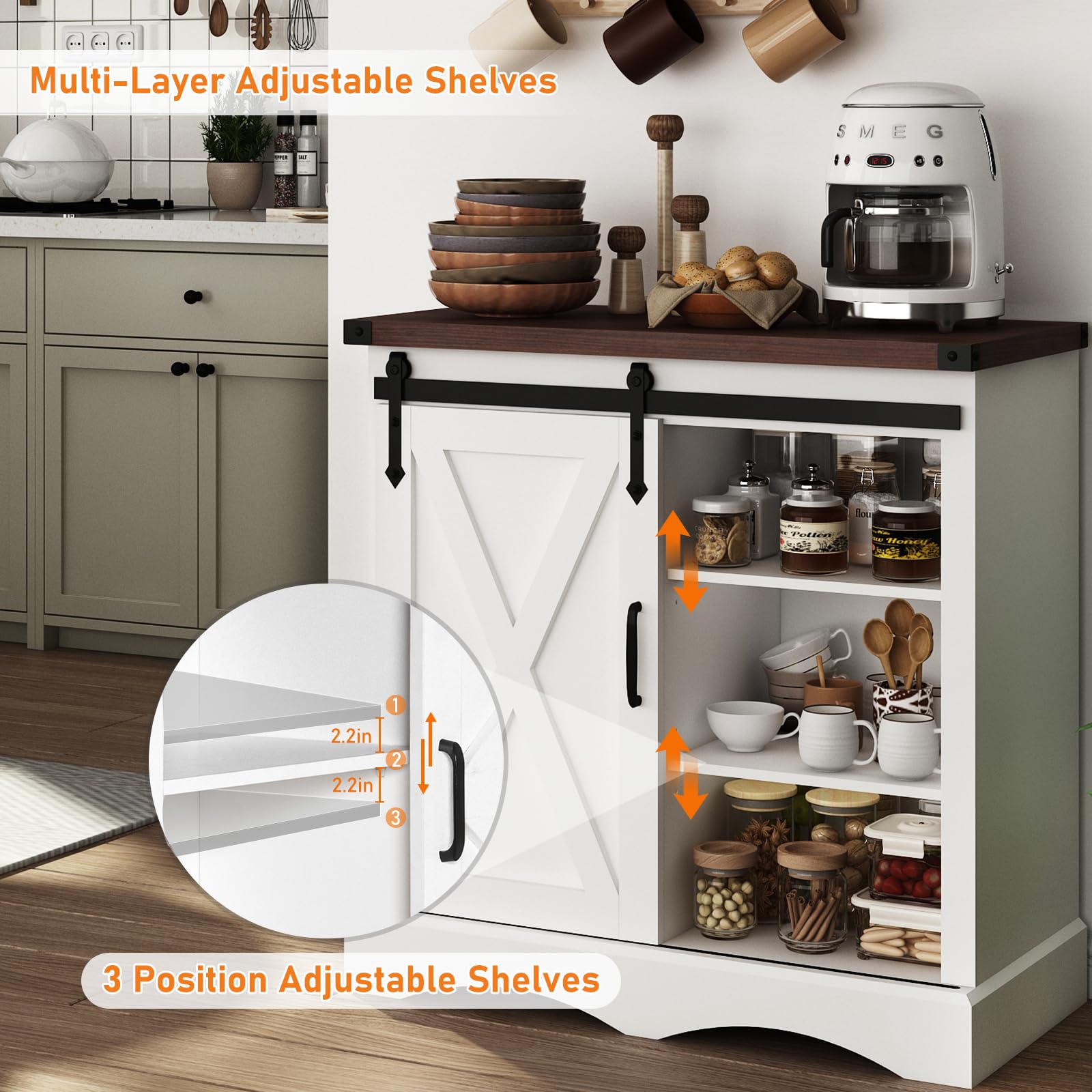 HOMFAMILIA Upgraded 32"H Farmhouse Coffee Bar Cabinet w/Storage, Thickened Top Kitchen Sideboard Buffet Cabinet w/Sliding Barn Door, Rustic Accent Console w/Adjustable Shelves for Kitchen,Living Room