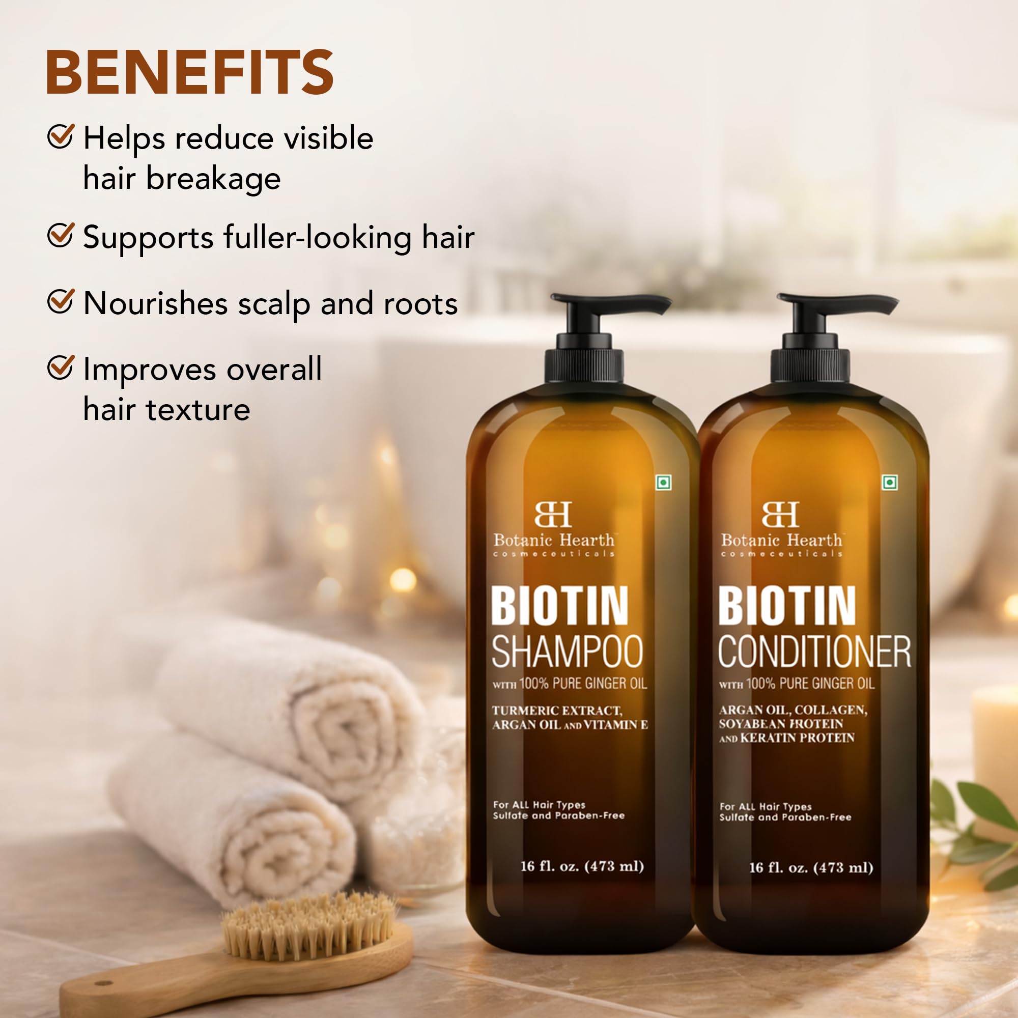 Botanic Hearth Biotin Shampoo and Conditioner Set - with Ginger Oil & Keratin for Hair Loss and Thinning Hair for Men and Women - Sulfate Free, 16 fl oz each