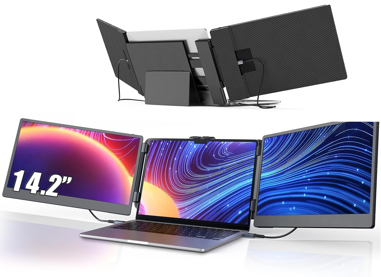 14'' Screen Extender Portable Laptop Plug-play, 1080P IPS Laptop Monitor Extender Built-in Speaker, HDMI/USB-A/Type-C Triple Monitor for 13''-17.3'' Laptops, Work with Mac, Windows, Chrome, Switch