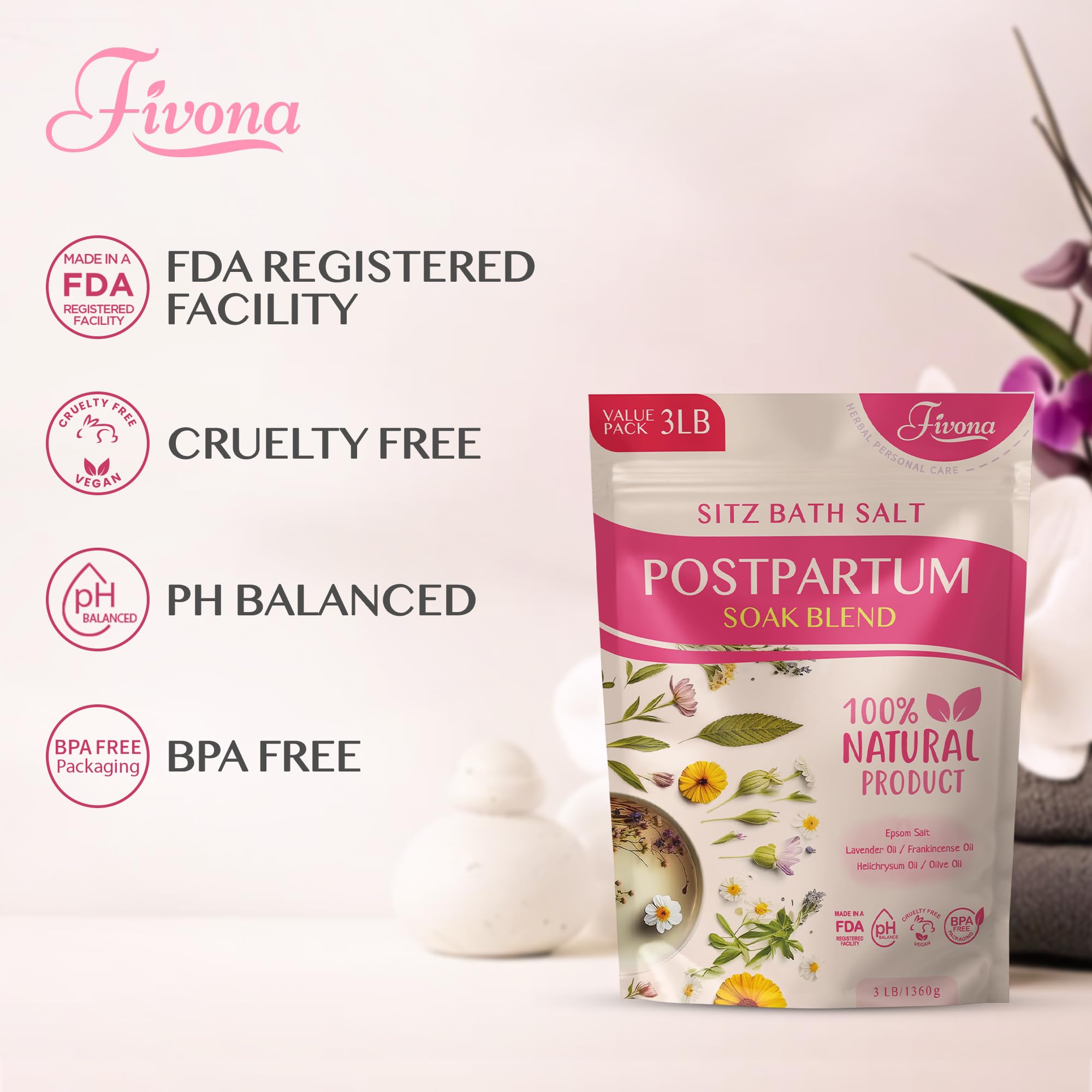 FIVONA Postpartum Soak Blend 48oz - Sitz Bath Salt Natural Soaking Blend - Epsom Salt with Pure Essentials Oils for Soothing Postpartum Recovery, Large Value Pack, Perineal Care