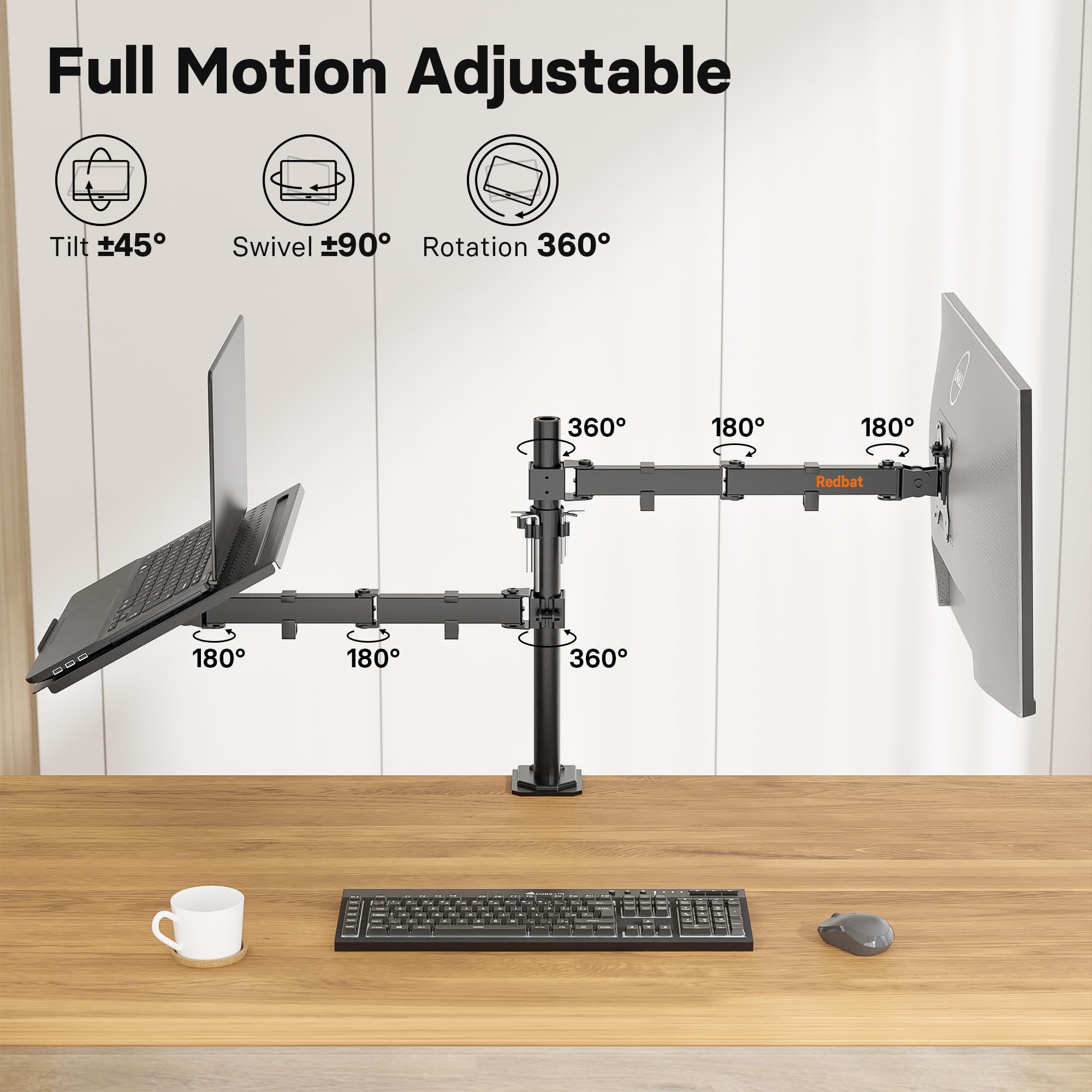 Redbat Monitor and Laptop Stand for 13-32 inch LCD LED Screens, Adjustable Monitor Mount with Laptop Tray Up to 16 inch Laptop/Notebook, Laptop Arm with VESA 75/100mm, 2 Mounting Options