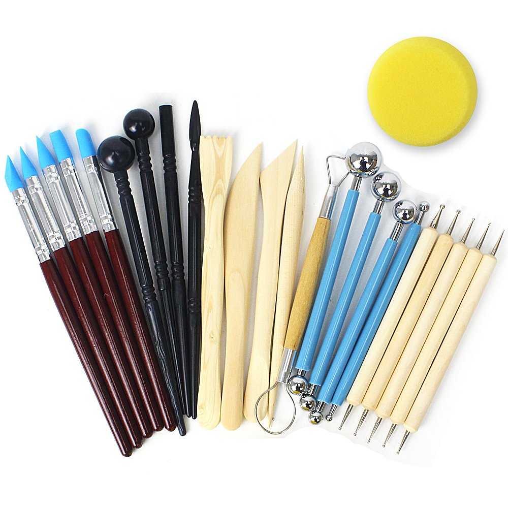 RUBFAC Polymer Clay Tools, Clay Tools Kit, 24pcs Clay Sculpting Tools Set with Stylus and Rock Painting Kit - Air Dry Clay Modeling Tools for Pottery and Sculpture