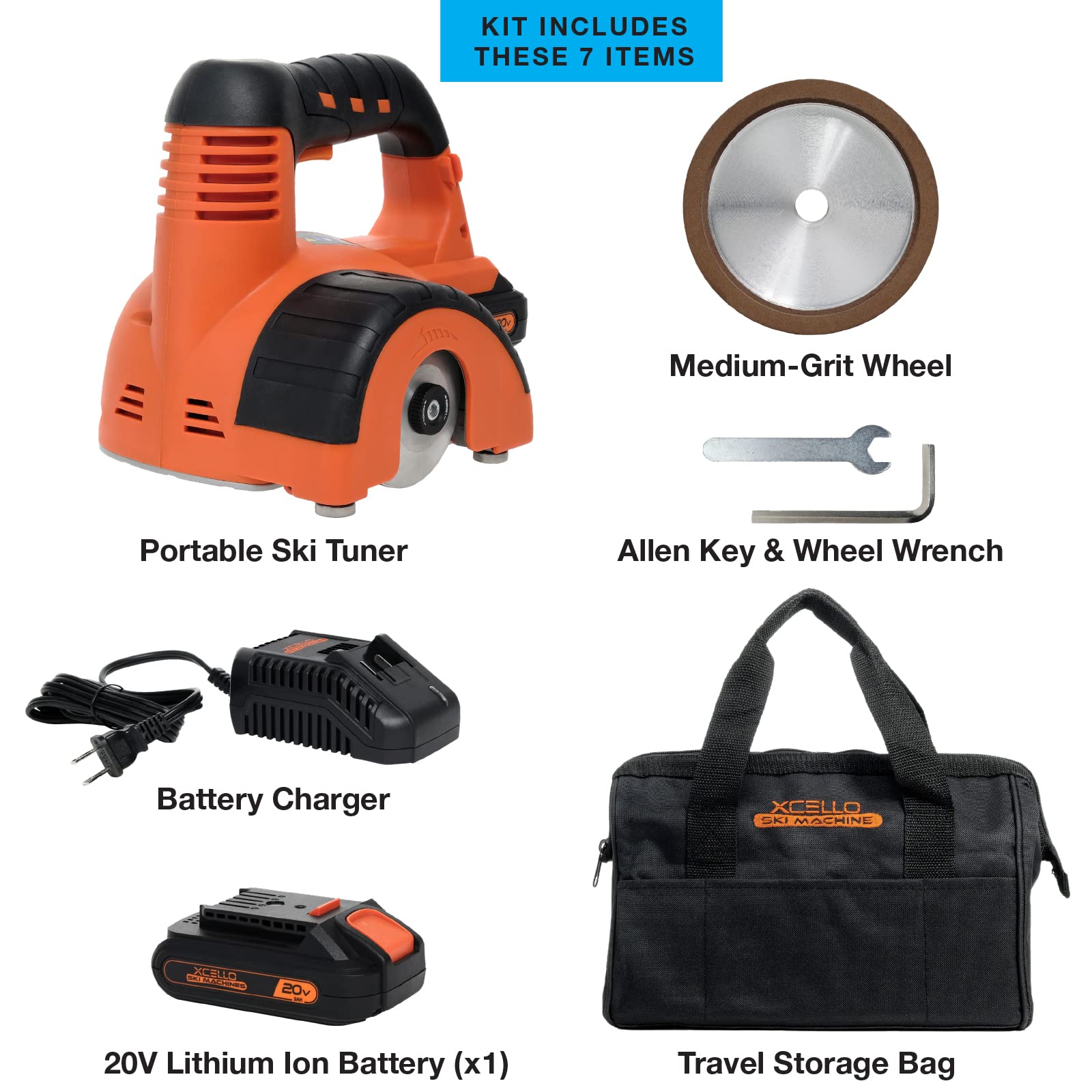 Xcello Sports Cordless Ski/Snowboard Edge Tuner, Long Lasting Portable Grinding Wheel Sharpens and Hones Ski Edges, Rechargeable Lithium Ion Battery Included.