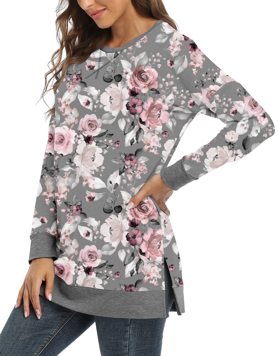BETTE BOUTIK Floral Grey Crewneck Womens Long Sleeve Top Floral woman Long Sleeve Long shirt With Side Slit Grey Ladies Tunic Sweater Pink Grey Flower Large