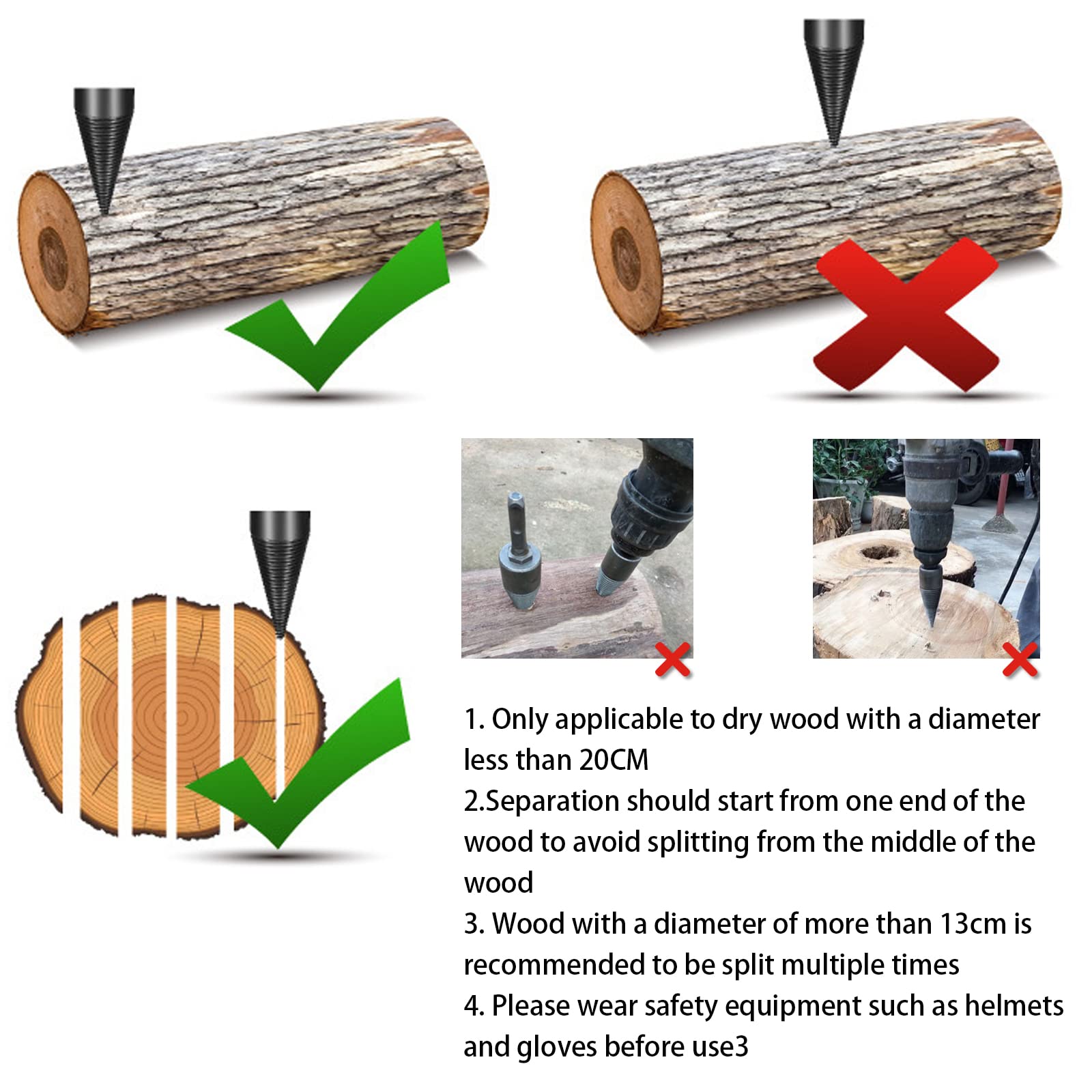 Firewood Log Splitter, 3pcs Drill Bit Removable Cones Kindling Wood Splitting logs bits Heavy Duty Electric Drills Screw Cone Driver Hex + Square + Round 32mm/1.26inch, Black 32MM