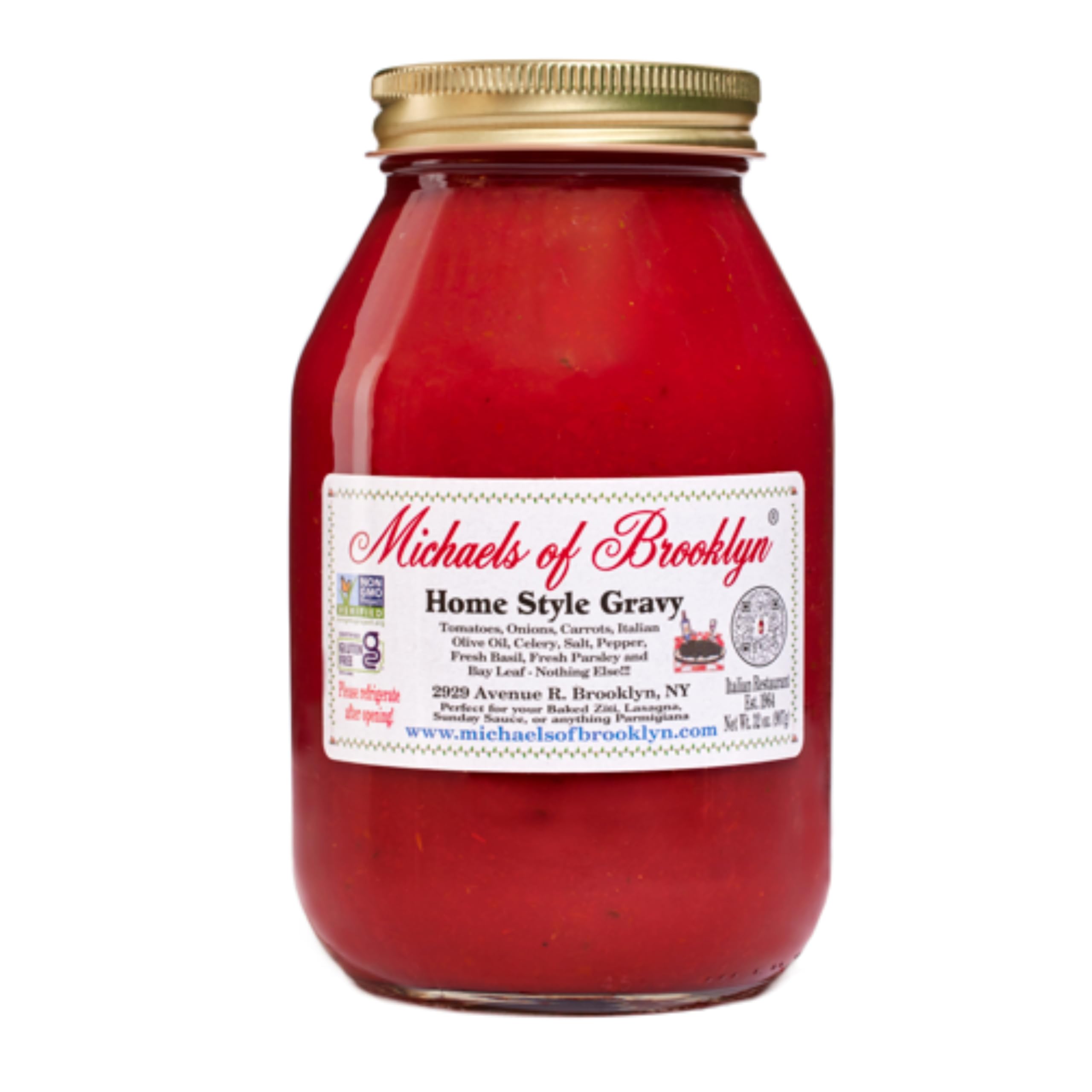 MICHAEL'S OF BROOKLYN Homestyle Gravy Tomato Sauce - Non-GMO, Gluten Free, Made with Fresh Tomatoes, Fresh Basil, Garlic Onions, Olive Oil & Fresh Parsley Pasta Sauce - 32 oz Jar