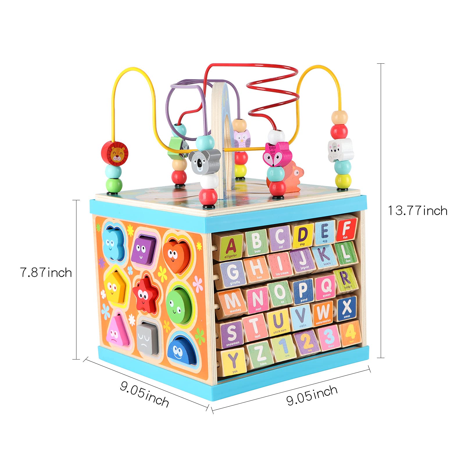 Qilay Wooden Activity Cube for Toddlers 1-3 (Large), 5 in 1 Multipurpose ABC-123 Abacus Bead Maze Shape Sorter | Early Educational Toy for Toddlers - First Birthday Present for Boys Girls