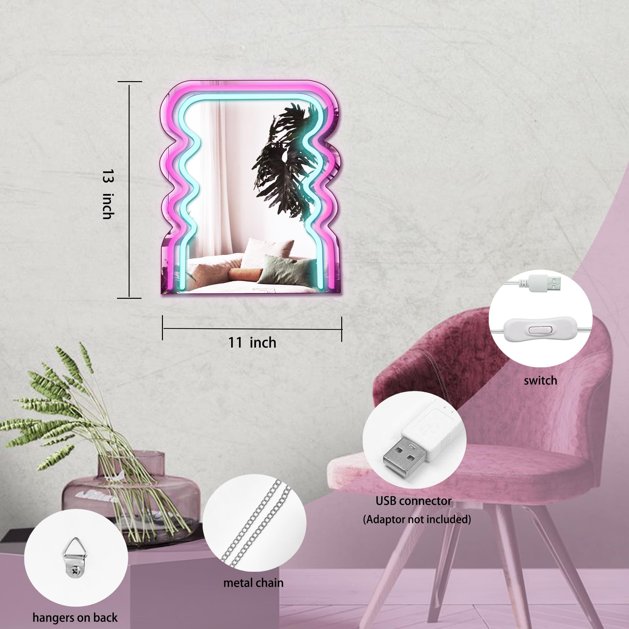 Archway Wave Neon Sign Mirror for Wall Decor, Powered by USB, 3D Art Neon Light, Pink and Blue, 13"x11" inch, LED Light Wall Mirror,Makeup Mirror with Lights for Women Gift