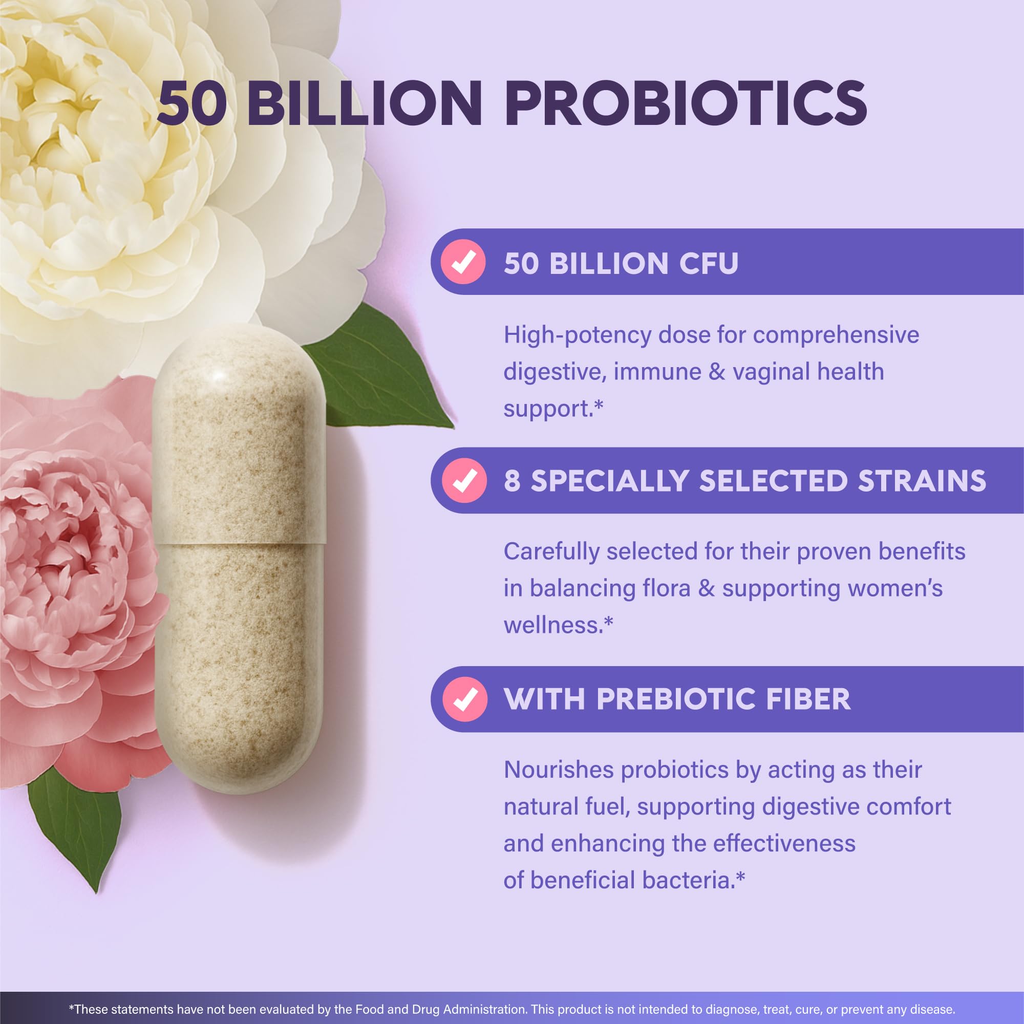 Probiotics for Women 50 Billion CFU - Vaginal Probiotics Clinically Proven for Yeast & pH Balance - Digestion & Bloating Relief - 8 Strains + Prebiotics - Delay Release - Made in USA, 30 Capsules