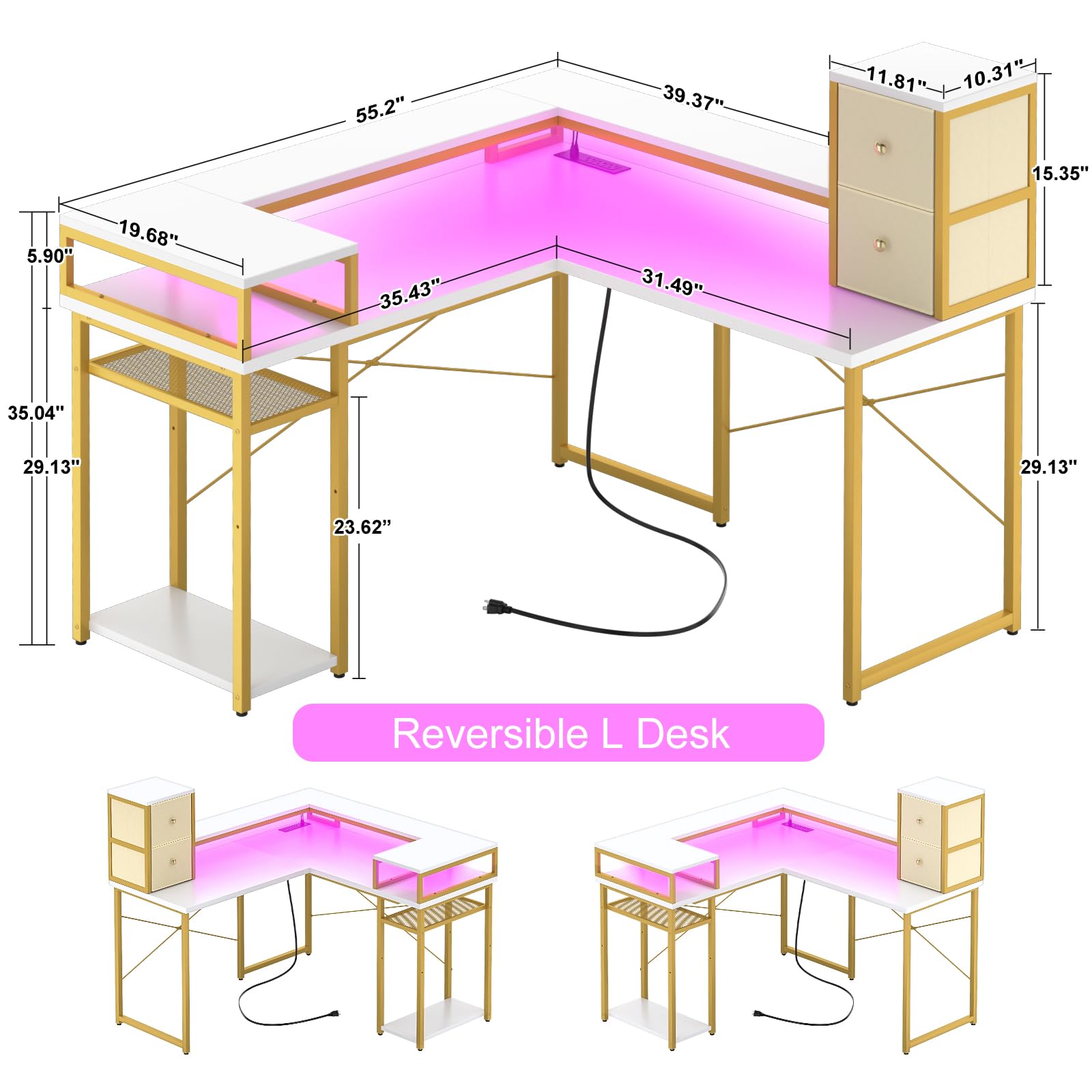 armocity L Shaped Desk with Drawers, Reversible Corner Computer Desk with LED Light & Power Outlet, 55.2'' L-Shaped Gaming Desk with Long Monitor Shelf, Home Office Desk for Small Corner Space, White