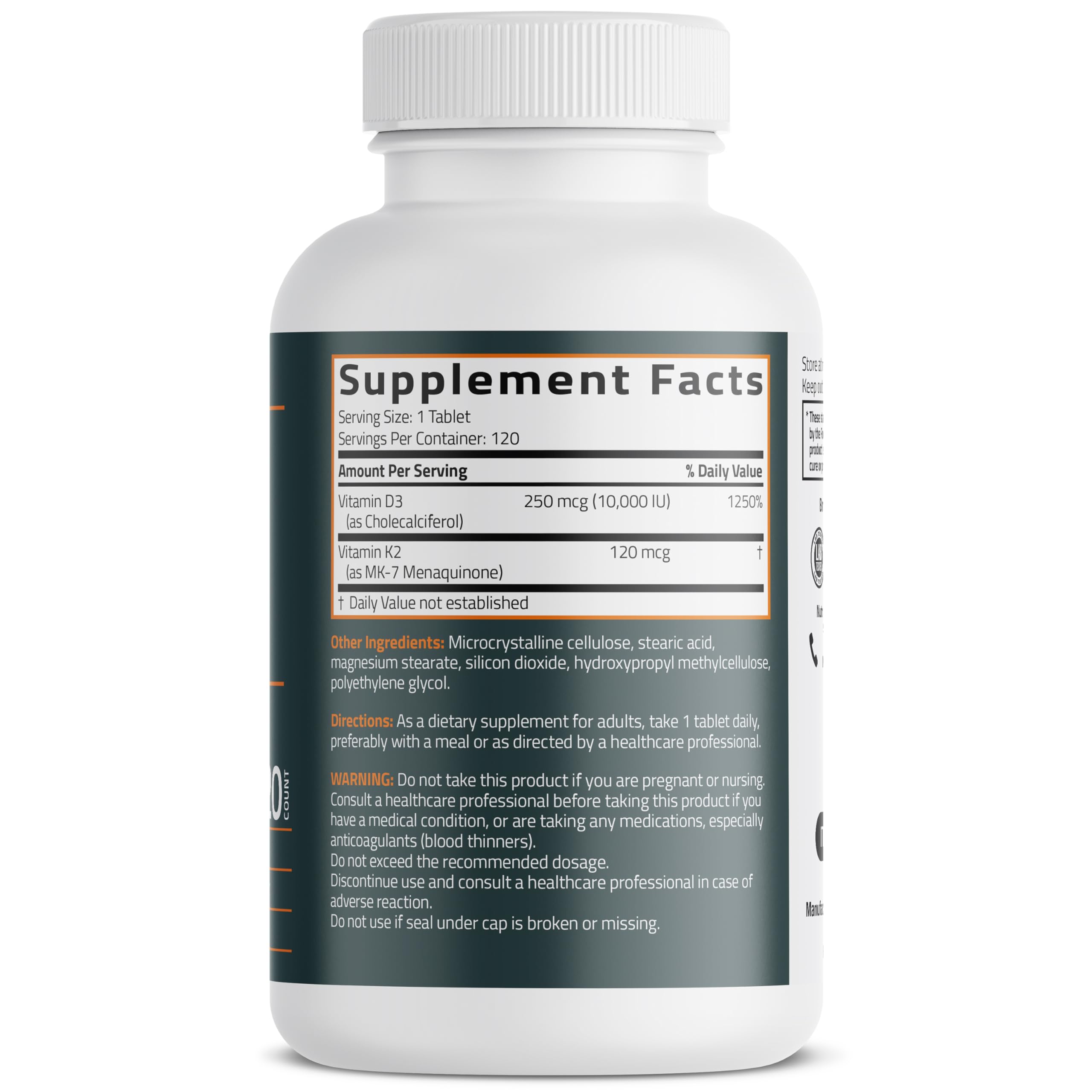 Bronson Vitamin K2 (MK7) with D3 Supplement Extra Strength 2 in 1 Support, 10,000 IU Vitamin D3 & 120 mcg K2 MK-7, 120 Tablets