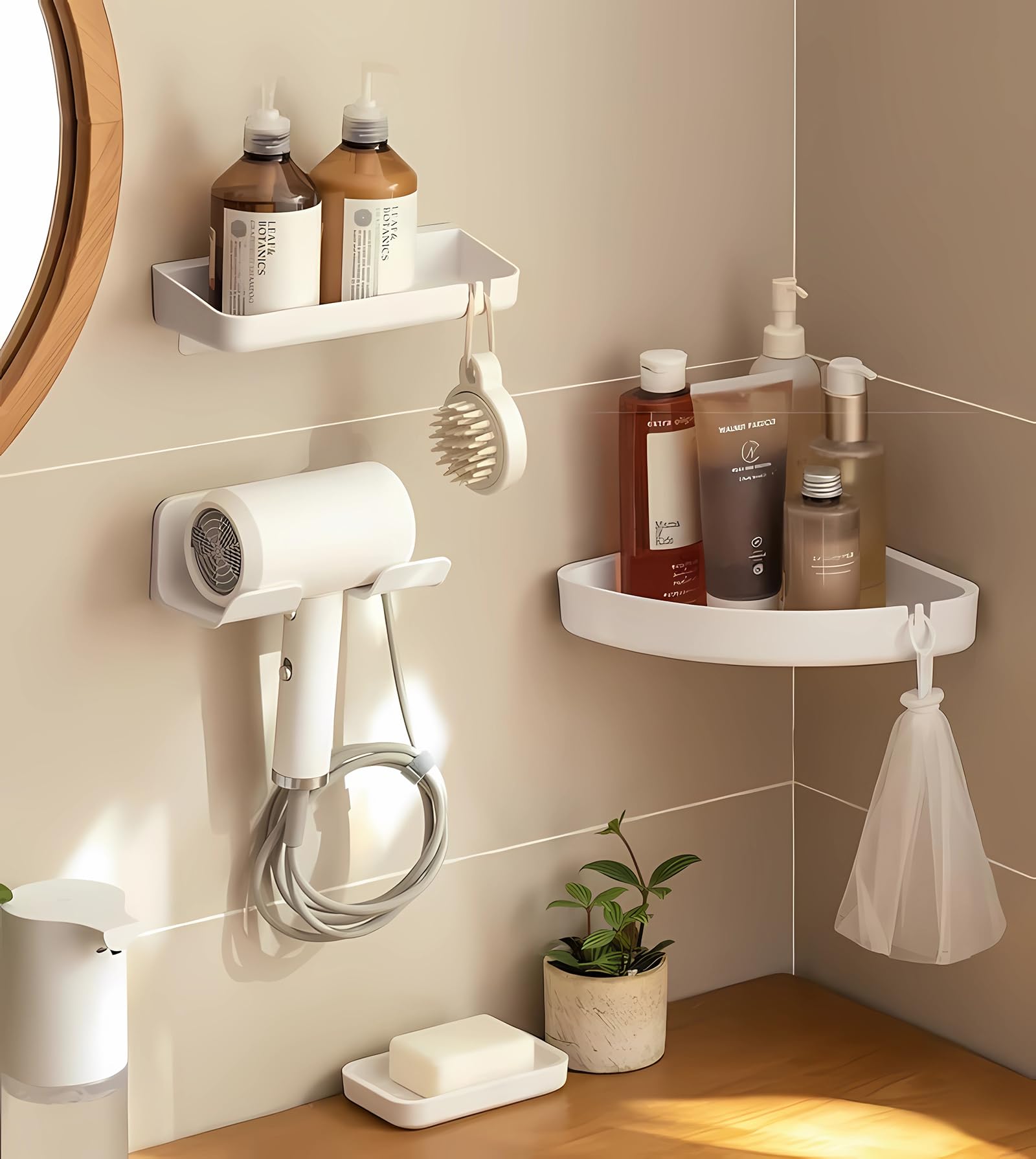 SUPTEC Universal Hair Dryer Holder, Blow Dryer Hanger Wall Mount for Hair Dryer Hook with Plug&Cord Organizer Self Adhesive for Cabinet Bathroom(1 Pack White)