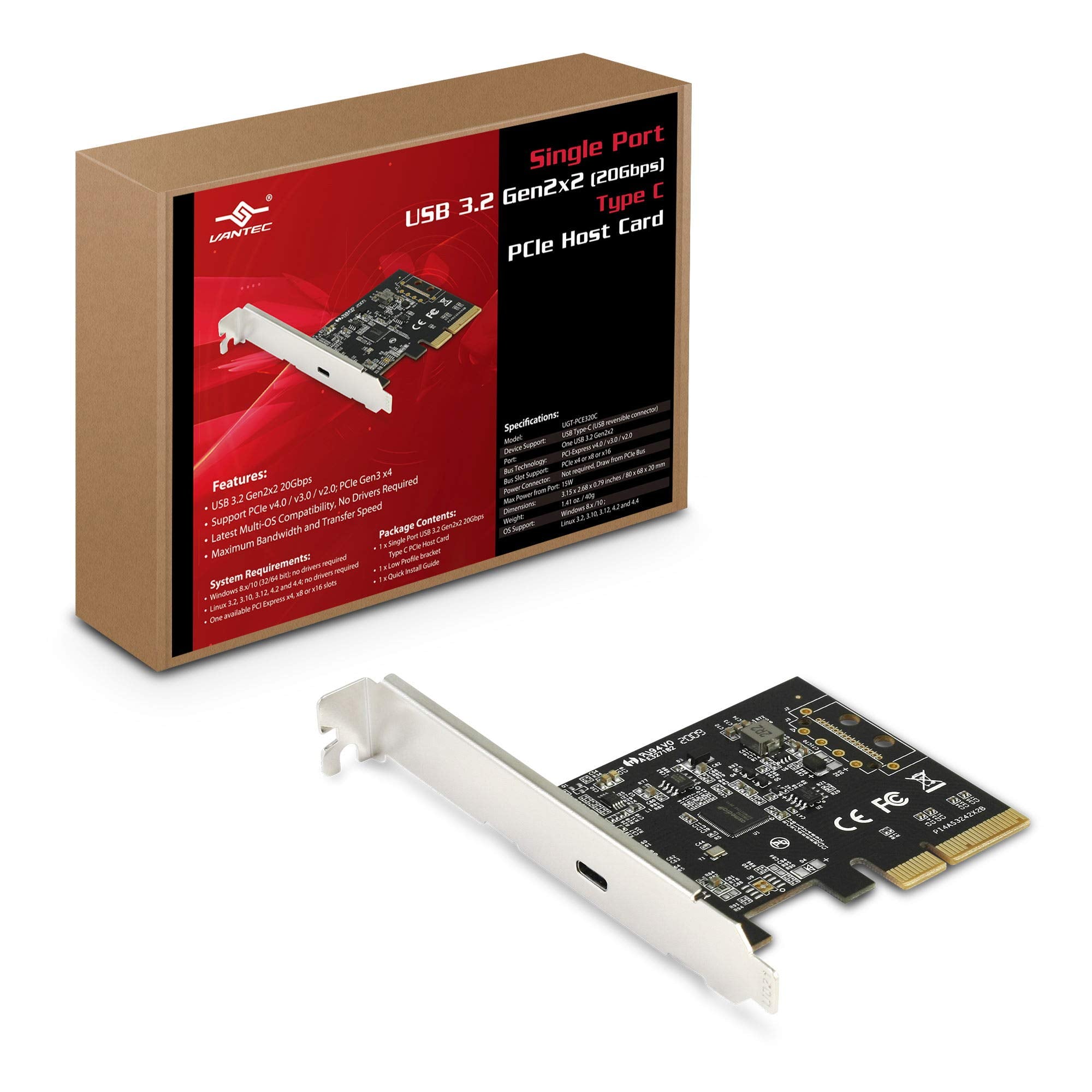 Vantec Single Port USB 3.2 Gen2x2 20Gbps Type C PCIe Host Card (UGT-PCE320C)