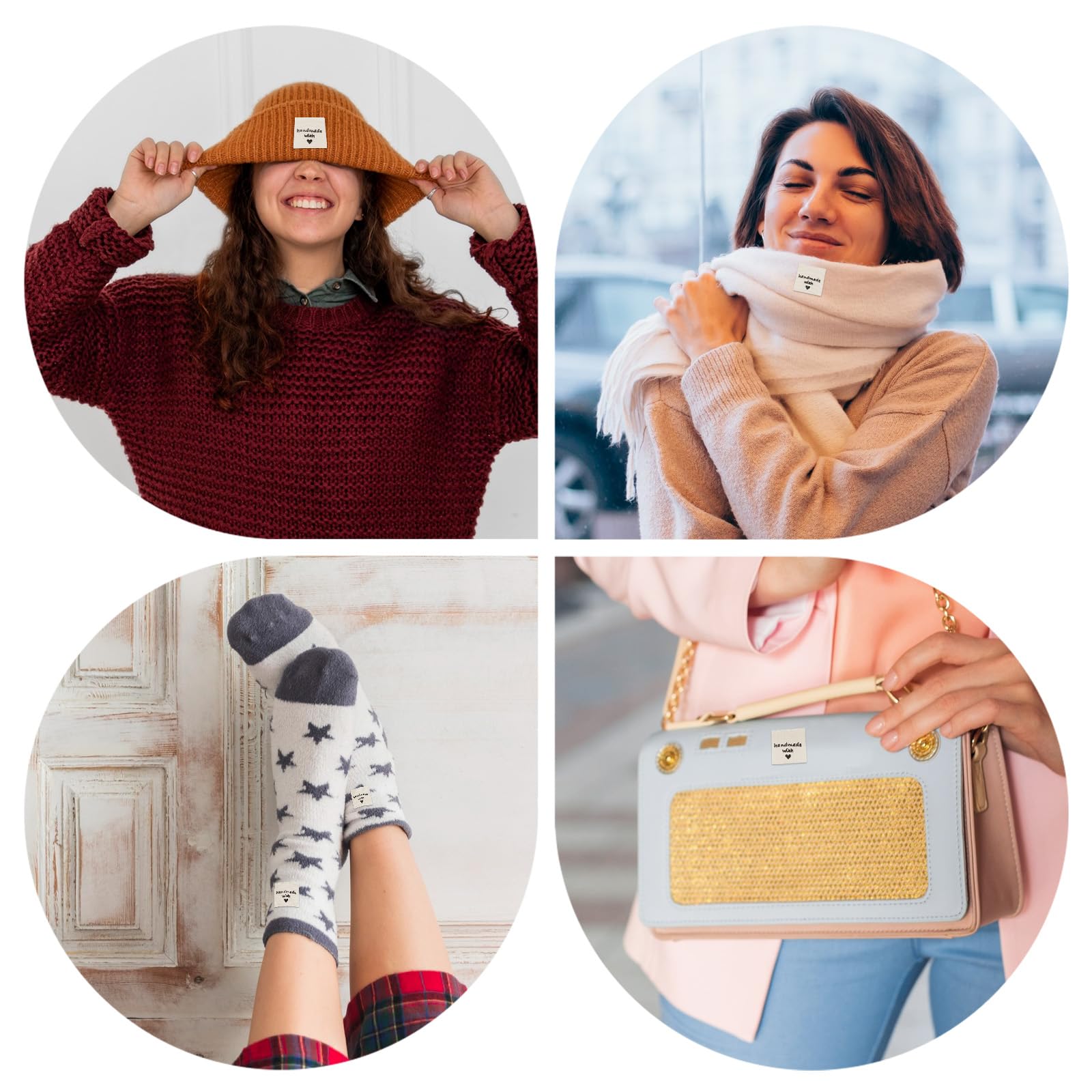 Jeffdad 100 Pcs Sewing Labels for Handmade Items, Handmade with Love Labels Embossed Tags Sew on Clothing, Fabric Labels for DIY Crafts Knitting Crocheting Sewing (Off White)