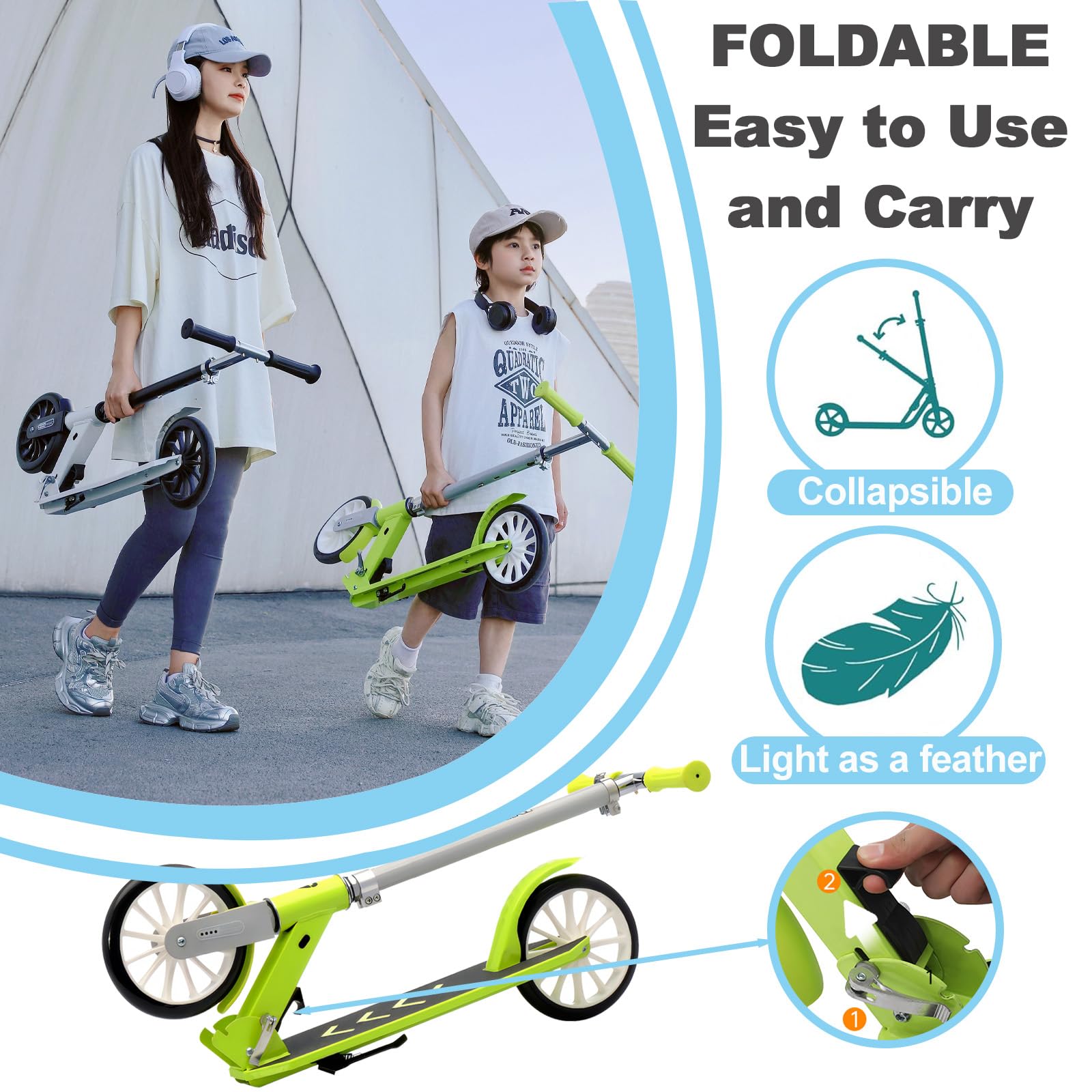 CUIOT Scooter for Adults Foldable 300lbs Lightweight 8IN Big Wheels Kick Scooters with Height Adjustable, Aluminum Frame, for Urban Commuting and Outdoor Fun | Suitable for Teens 8-12,Black