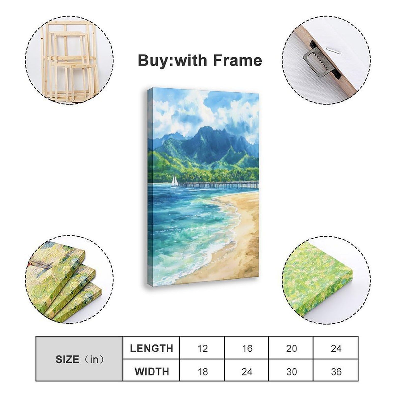 CFIOZYOS Hanalei Bay Watercolor Poster Wall Art Hanalei Bay Wall Hanging Home Décor Gift Art Lovers United States Living Room Office Bedroom Canvas Deco Frame 16x24inch