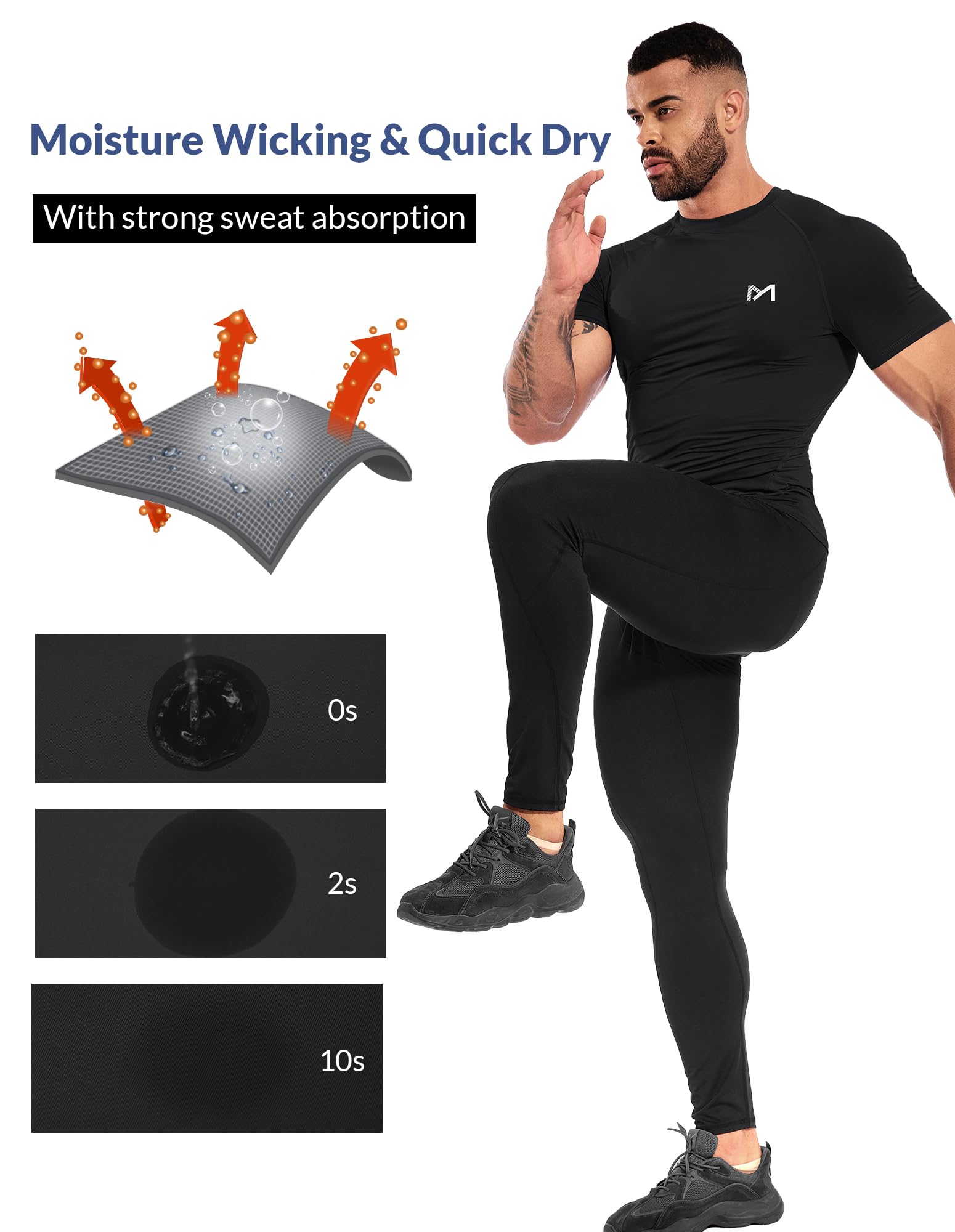 Men's Compression Shirts Dry Fit Workout T-Shirt Running Tops Undershirts Black