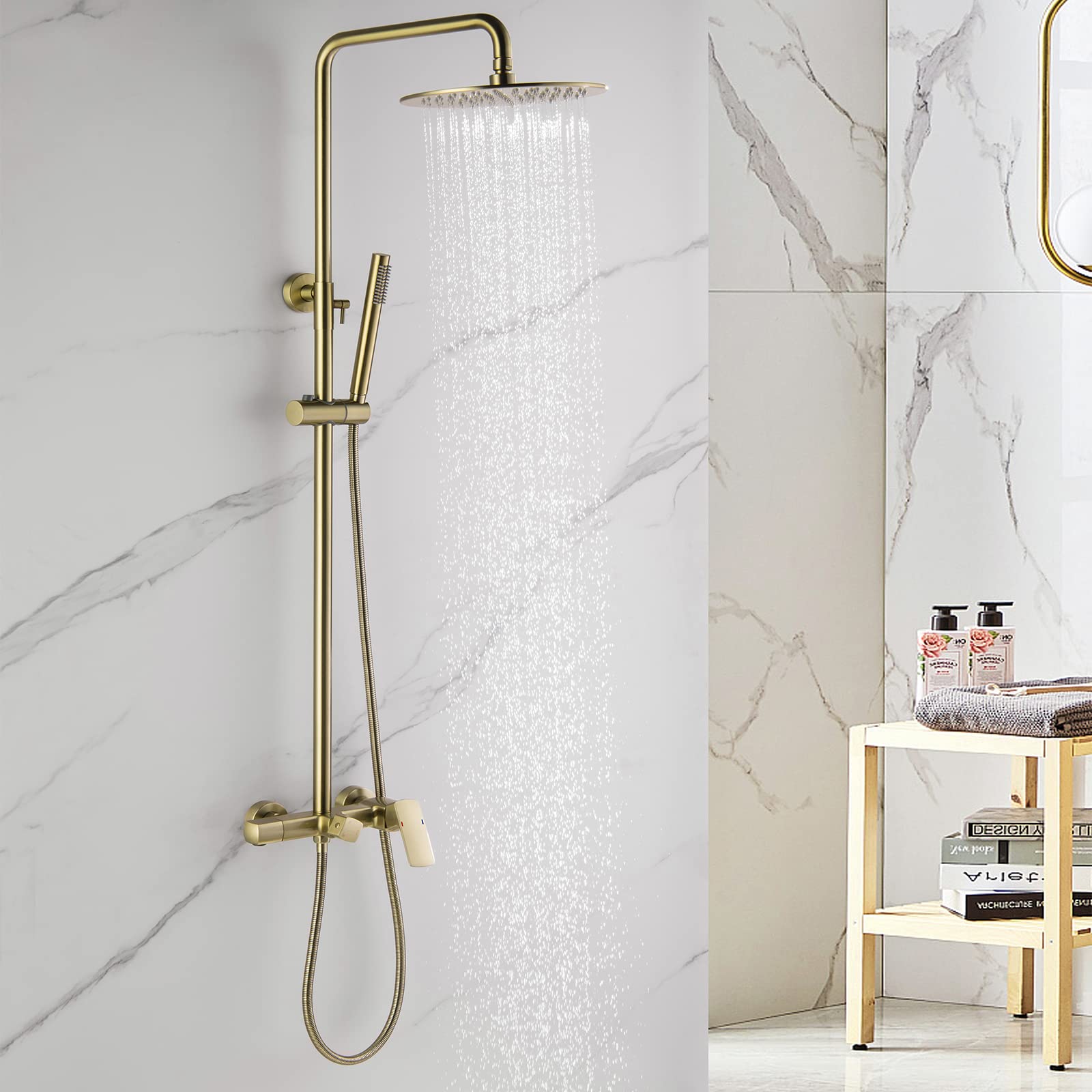 RBROHANT Brushed Gold Exposed Shower System with Tub Spout, 3-Functional Exposed Shower Fixtures with Brass Valve, Shower Height Adjustable, Wall Mounted, RB0880