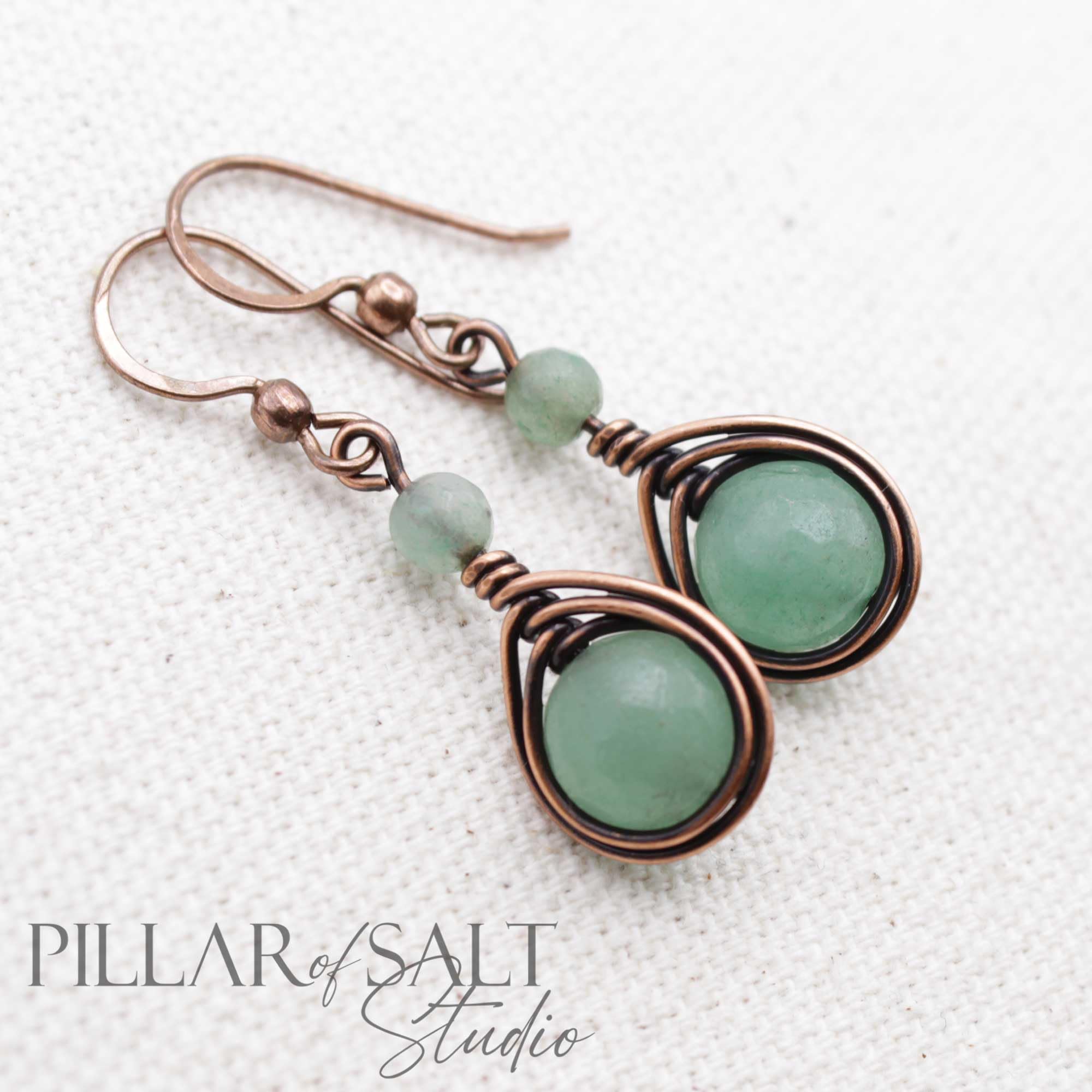 Pillar of Salt Studio Handcrafted Solid Copper Earrings with Green Aventurine Gemstone (Antiqued Copper, 1" drop)