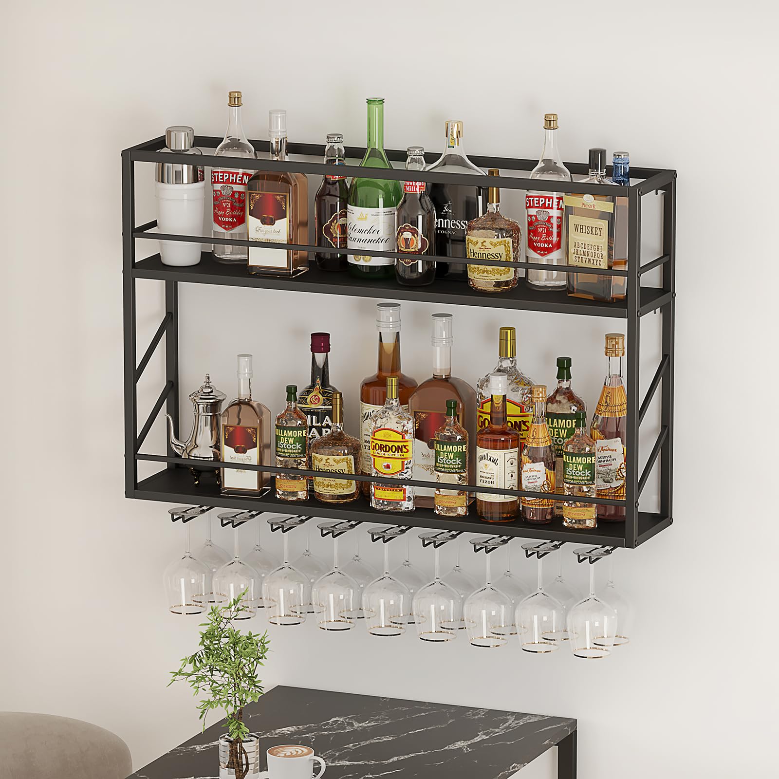 Woskar Wall Mounted Wine Rack 2 Tier, Metal Bar Liquor Shelves and Glass Holder,Wall Bar Shelf Wine Display Storage Holder for Home Bar, Dining Room, Kitchen(31.4×7.8×26in)