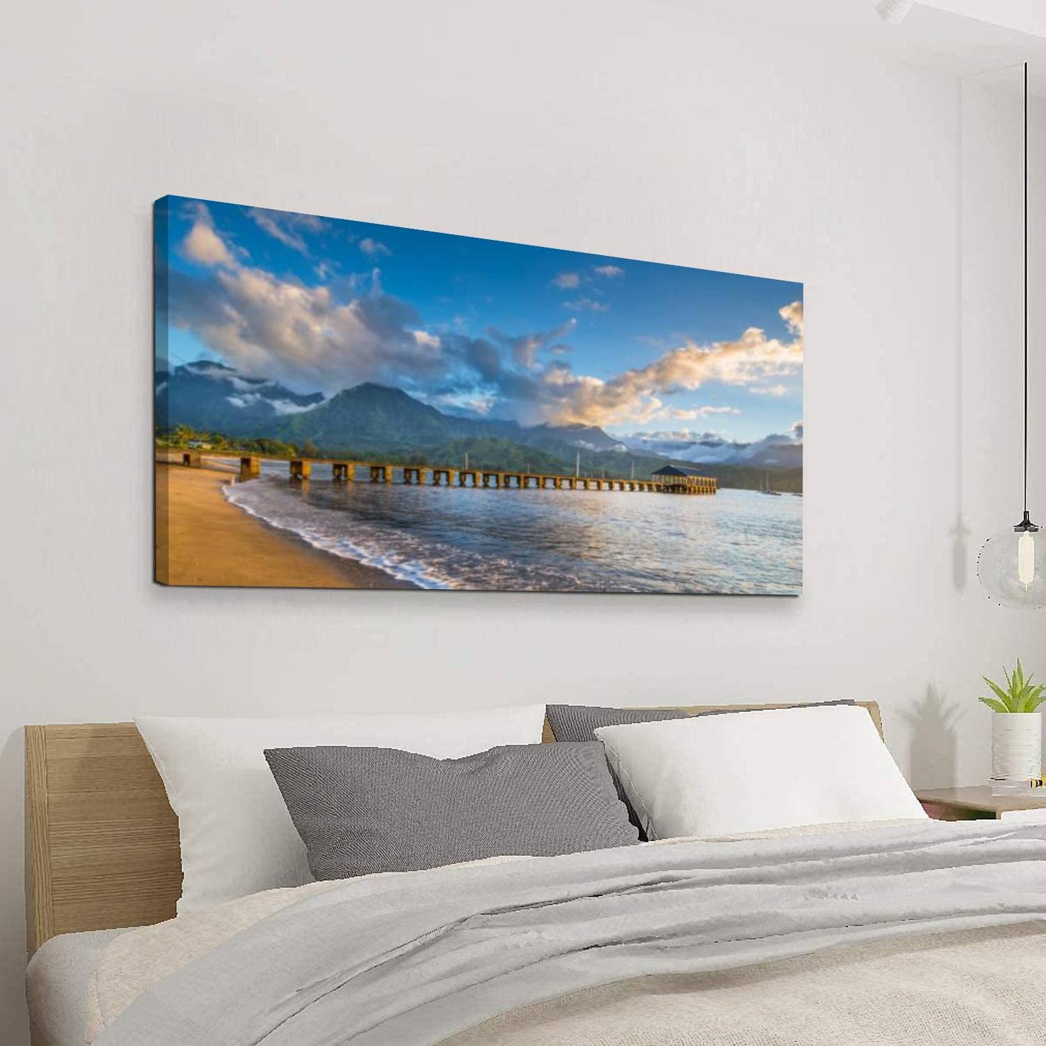Canvas Wall Art Decor Hanalei Beach at Hanalei Bay Kauai Hawaii Print Pictures Poster Artwork Framed Paintings for Living Room Large Size Bathroom Bedroom Decorations