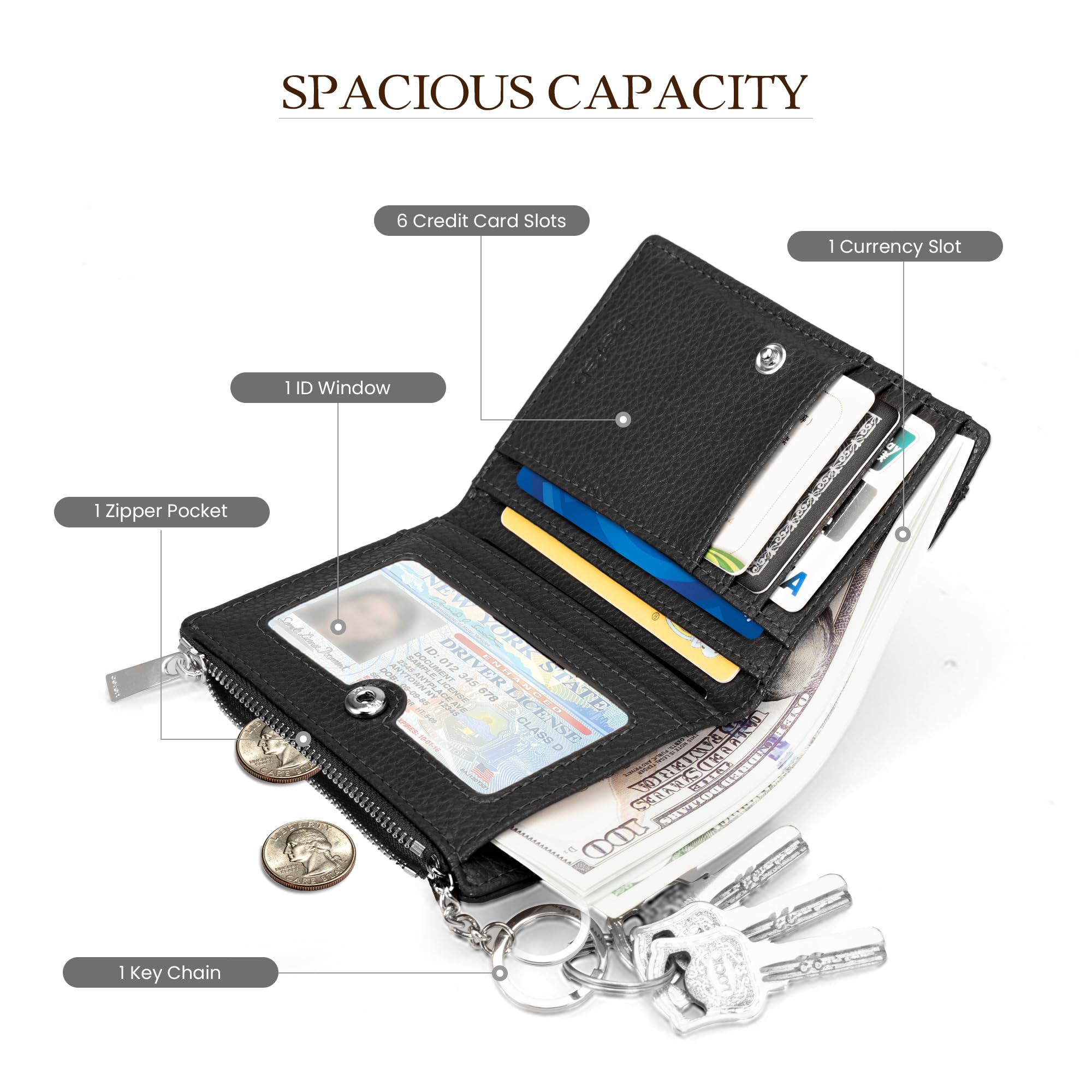 befen Genuine Leather RFID Wallet Women, Small Slim Keychain Wallets with Card Slots, Zipper Coin Holder - Black