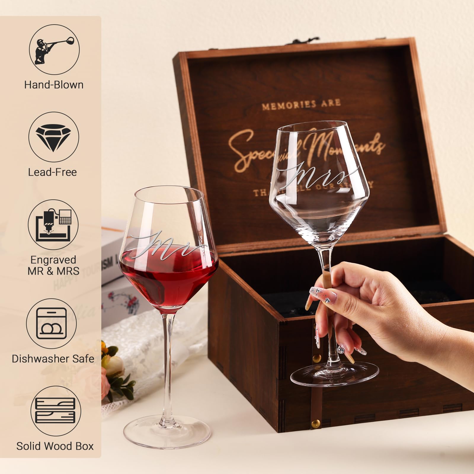 SIPBYSOP Mr Mrs Wine Glasses Gifts for Wedding/Engagement/Bridal Shower,Classy Engagement Present,WEDDING Gift for Couples,Women,Bride to be,Newlyweds-Wedding Keepsake Box with Wine Accessories