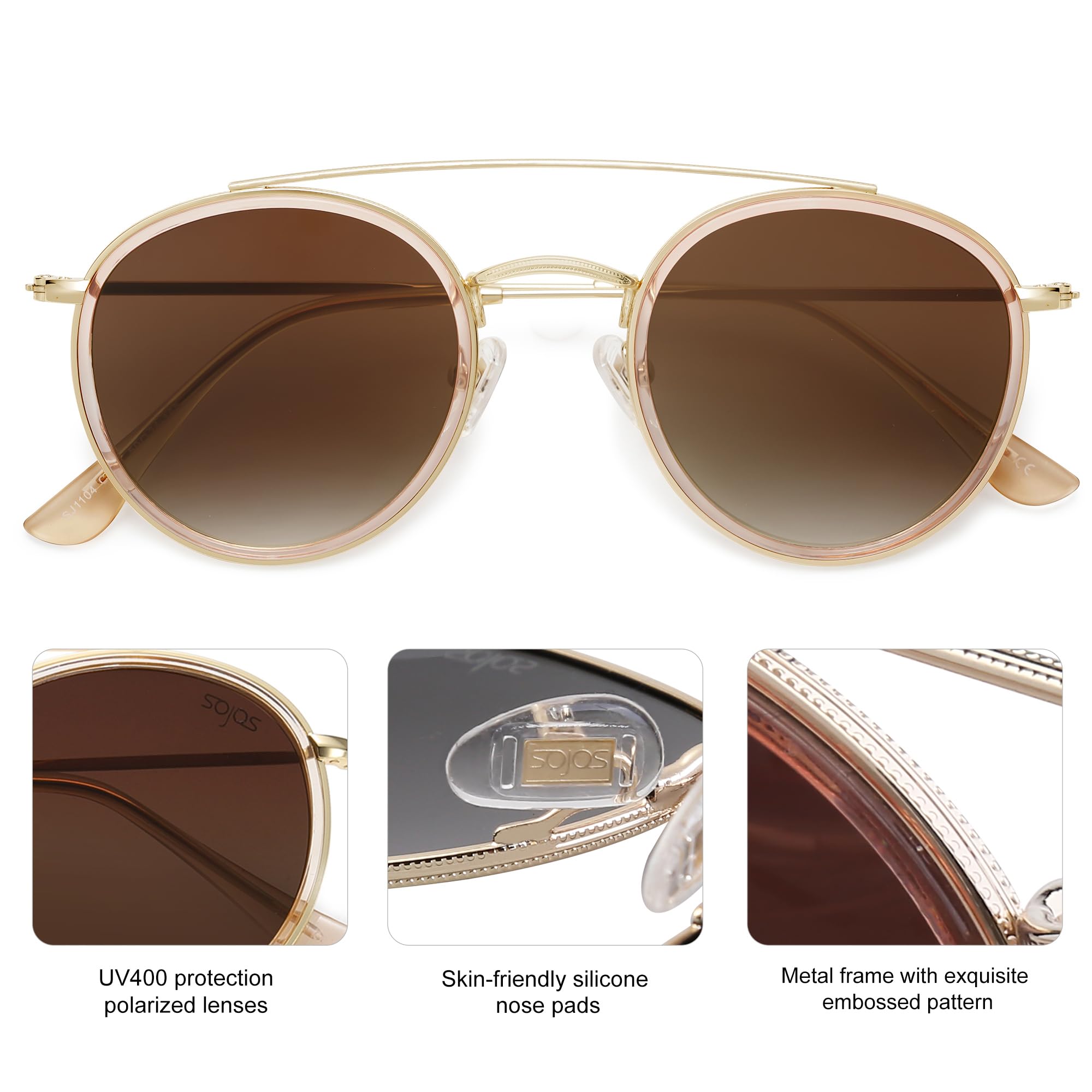 SOJOS Retro Vintage Round Polarized Sunglasses for Women Men Small Double Bridge Circle Sunnies SJ1104, Gold/Brown