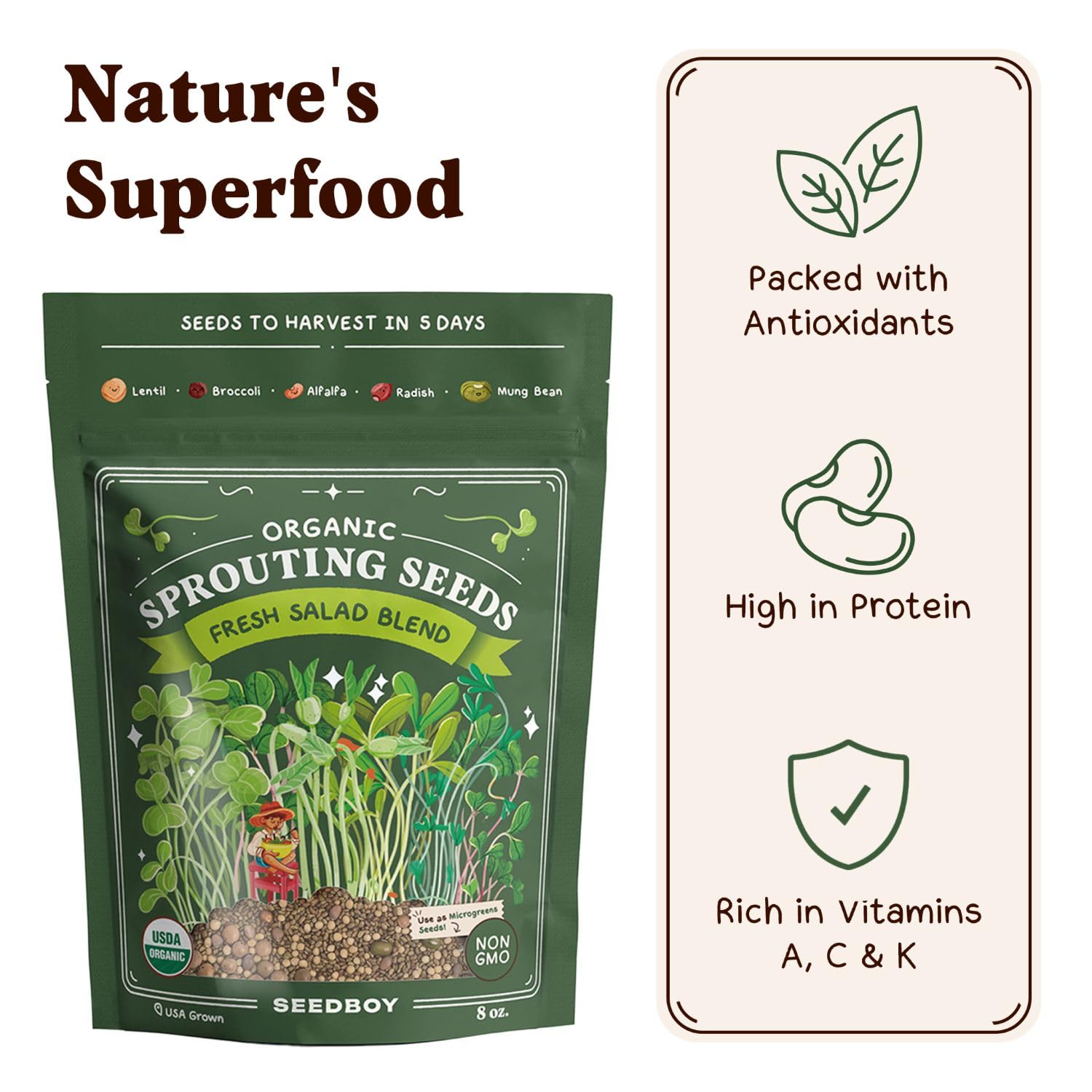 Seedboy Organic Non-GMO Sprouting Seeds, Fresh Salad Blend – USA Grown Microgreens Mix with Alfalfa, Broccoli, Radish, Mung Bean & Lentil – 8 oz Bag Makes 8 Quarts / 24 Servings (Salad Blend)