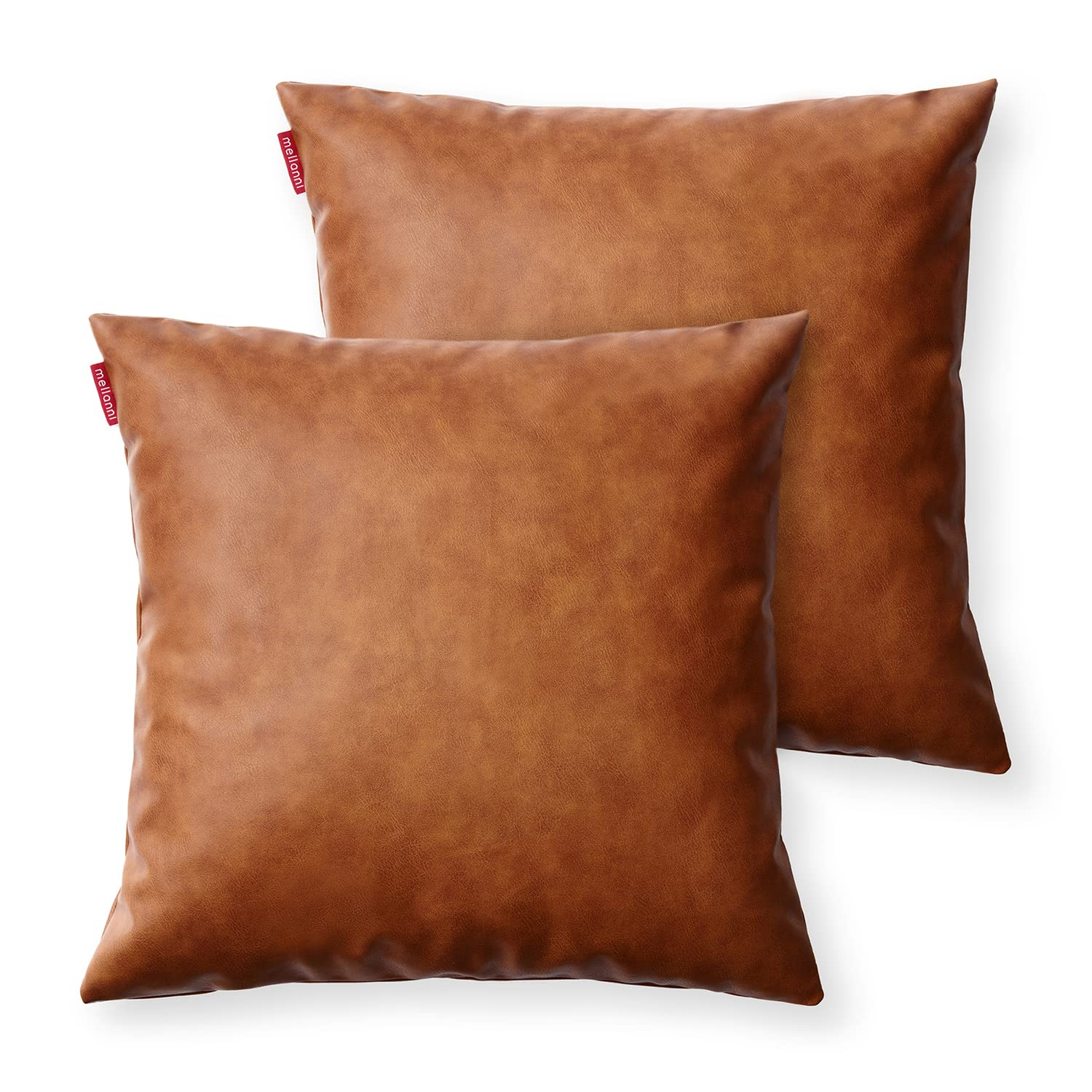 Mellanni 100% Faux Leather Throw Pillow Covers 18x18 - Brown Pillow Covers - Low-Maintenance and Animal-Friendly - with Invisible Zippered Closure - (Pack of 2, 18x18)