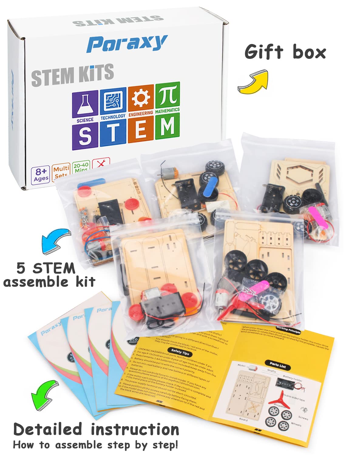 Poraxy 5 in 1 STEM Kits for Kids Age 8-10, Science Building Project Craft for 8-13, Model Car Kit, STEM Toys for Boys Girls Age 8-12, Wooden 3D Puzzles, Birthday Gifts for 6 7 8 9 10 11 12 13 Year Old