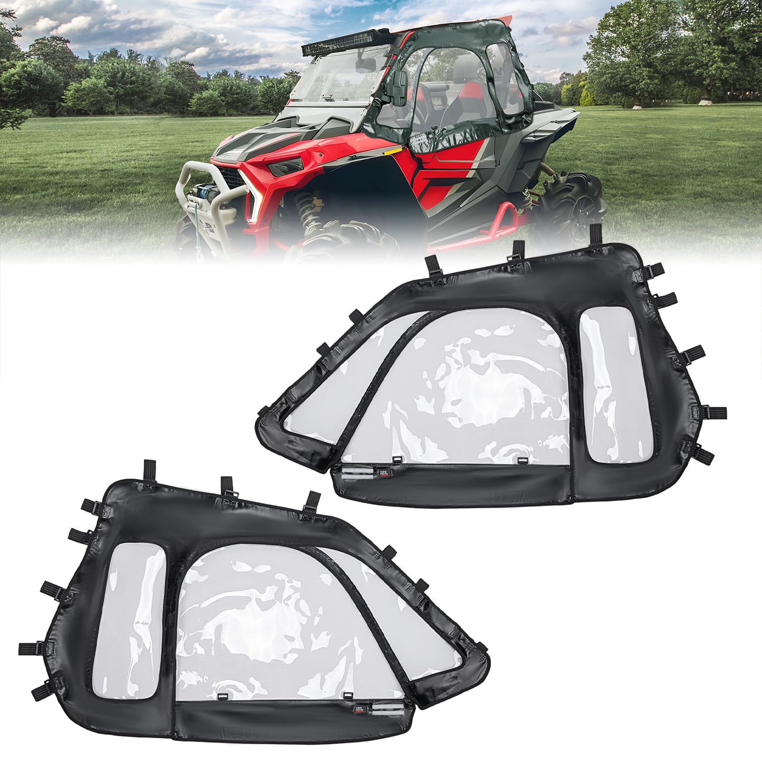 KEMIMOTO Soft Upper Doors Fit with Side Mirrors and Windshields, Compatible with Polaris RZR XP 1000 / XP Turbo 2014-2023 UTV Cab Enclosures Upgrade Zippers 3-Pane Window - 2 Seater