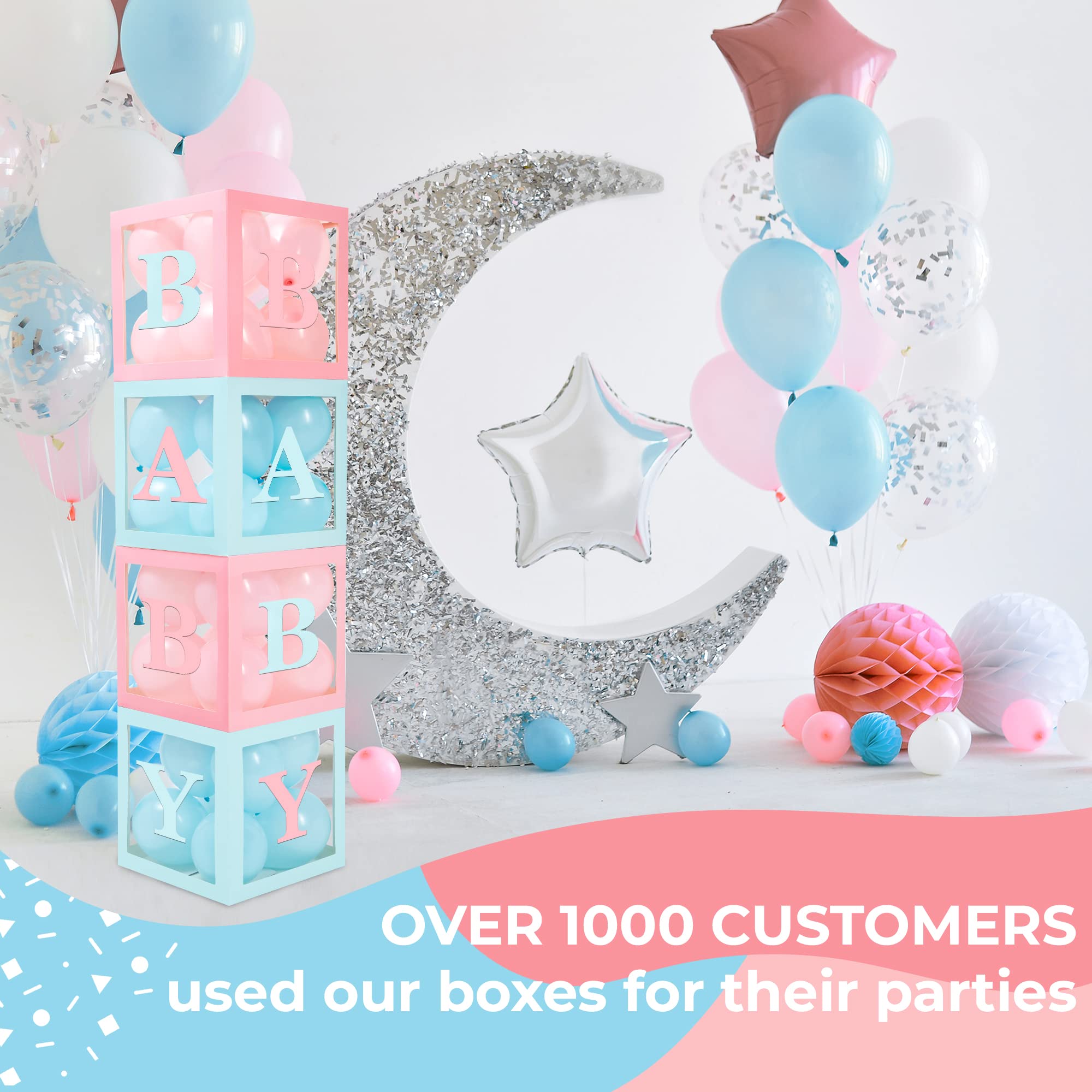 Baby Shower Boxes with Letters – Pink And Blue Boxes with Pink & Blue Balloons – 44-Piece Gender Reveal & Party Decoration Set by Vellax