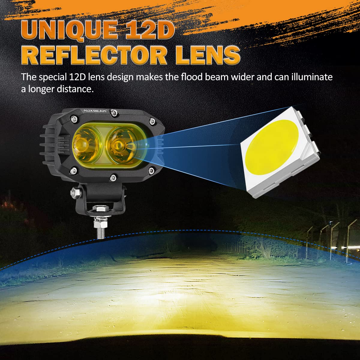 Auxbeam 4 Inch LED Amber Pod Light, 60W Driving Yellow Flood Beam Square Pod Fog Lights with DT Wiring Harness for Motorbike SUV ATV Truck Jeep Boat Tractor Forklift (2 Pcs)