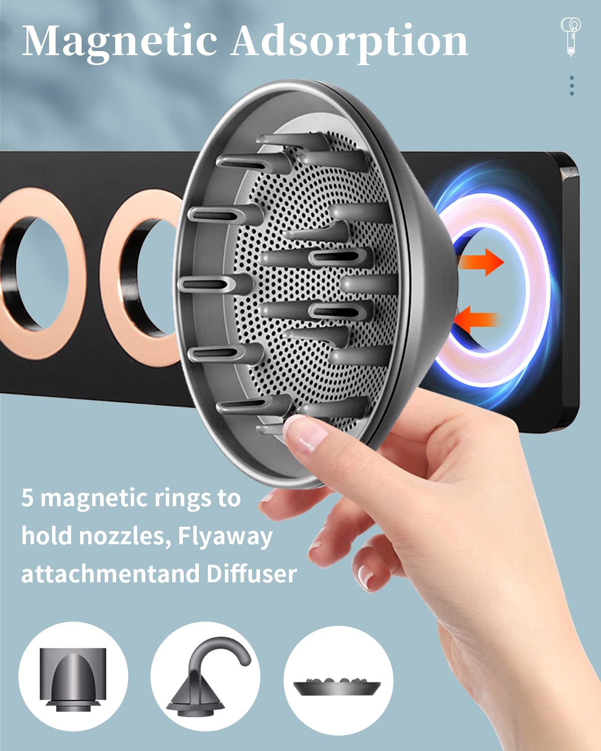 6-in-1 Magnetic Wall Mount for Dyson Supersonic Hair Dryers (HD15, HD08 and Previous Models), with 5 Magnetic Rings for The Accessories (Black)
