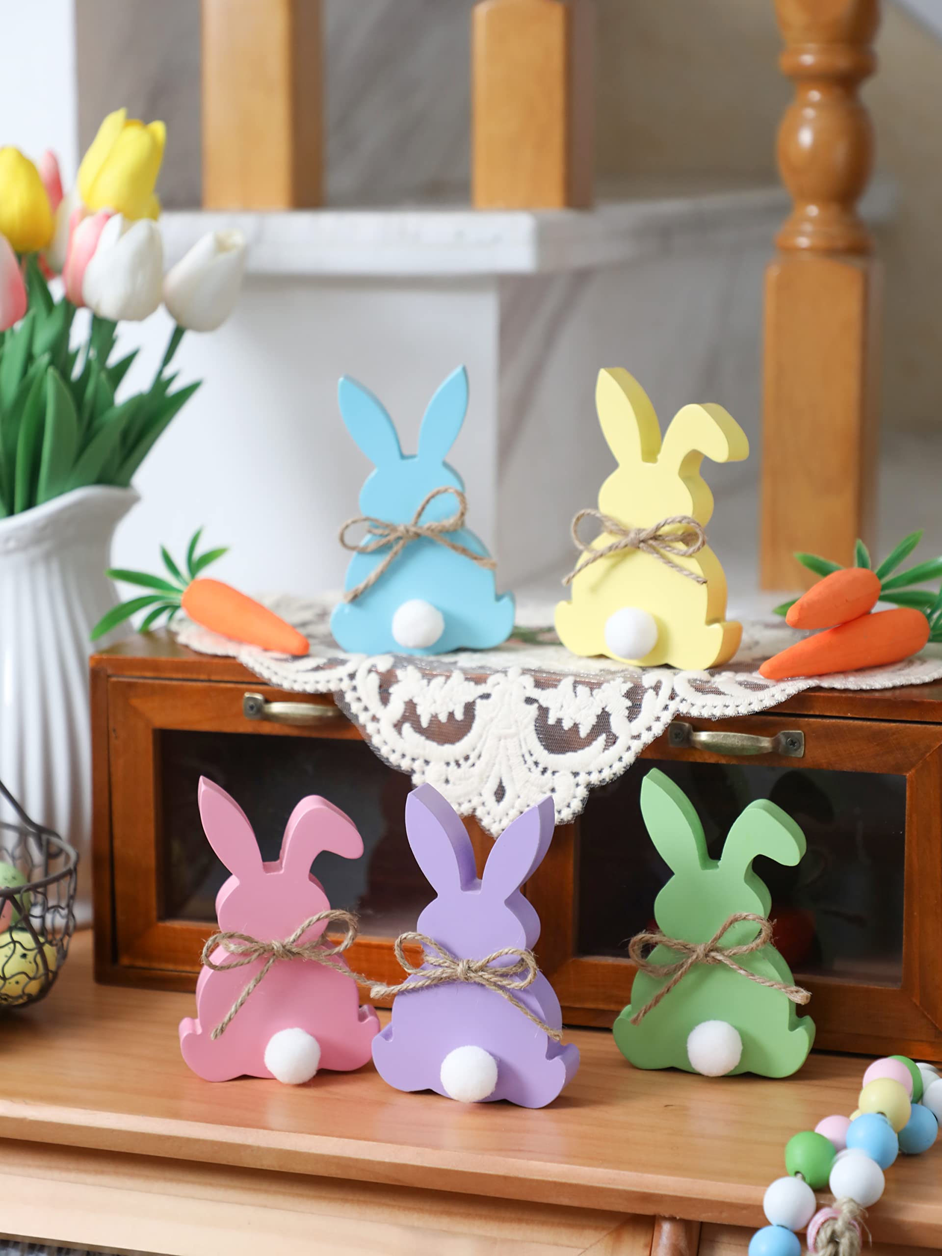 Easter Decorations, 5pcs Wooden Easter Bunny Table Sign with Jute Rope, Easter Wood Tiered Tray Decor Freestanding Easter Table Decorations