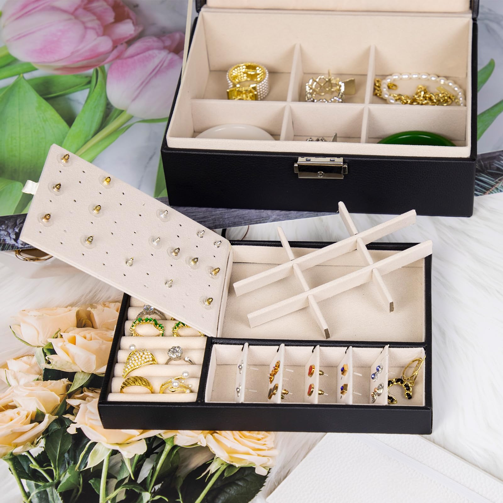 SYCARON Jewelry Box Organizer for Mothers Day Gifts, Jewelry Organizers 2 Layer Jewelry Storage Box PU Leather with Lock for Women Girls Rings Earrings Necklace Bracelets, Black