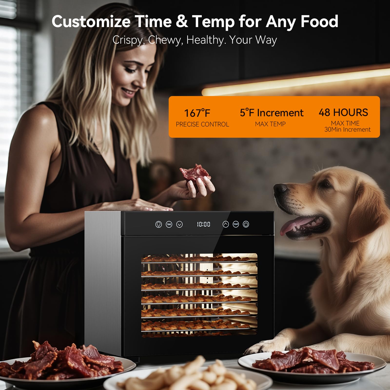 Food Dehydrator Machine with 8 Stainless Steel Trays, 650W Powerful Motor, Adjustable Temperature & 48-Hour Timer for Jerky, Fruits, Herbs, Dog Treats - Quiet Operation