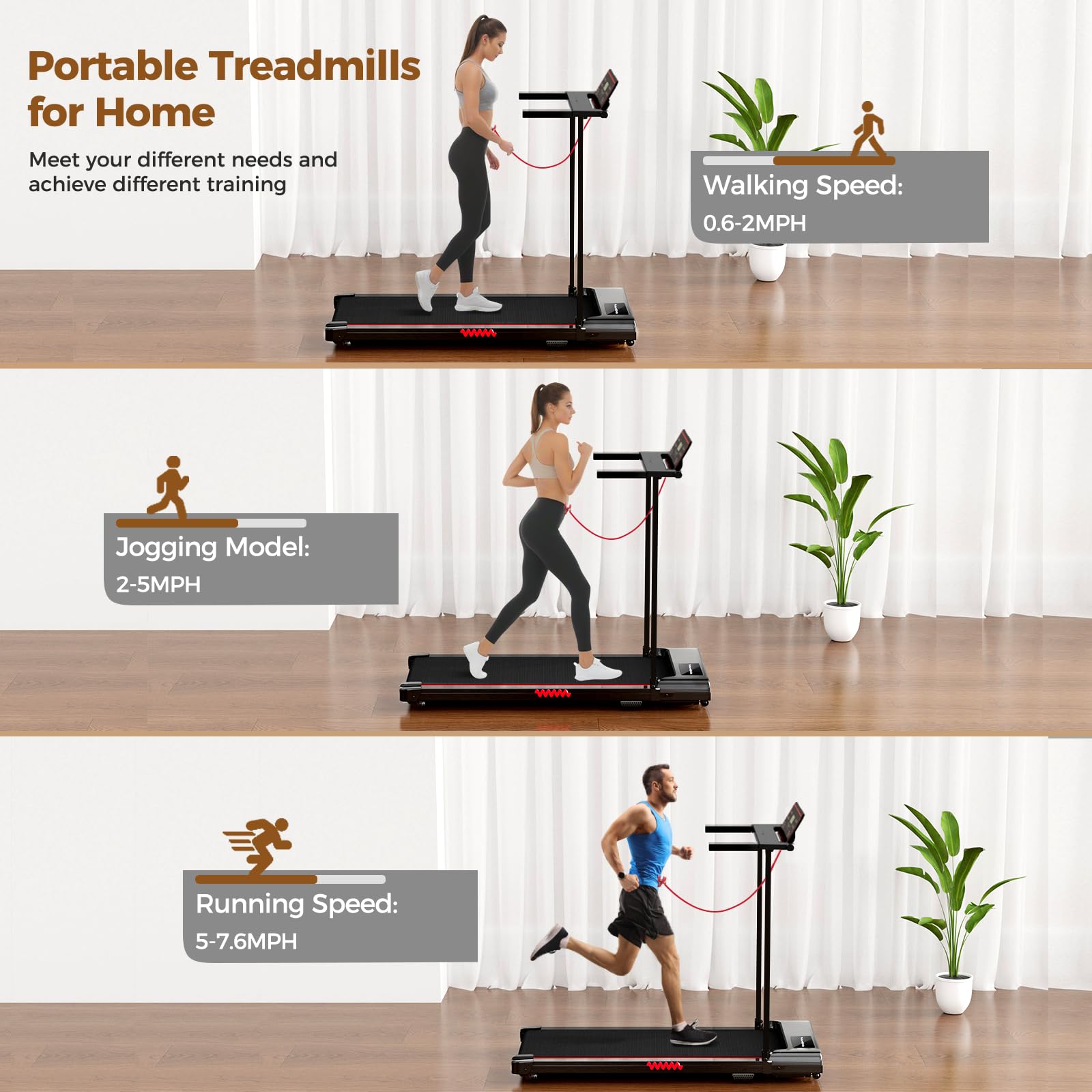 Treadmill with Handle, 3.0HP Treadmills for Home Small Spaces,Electric Portable Foldable treadmills with LED Display, Walking Pad Treadmill with Handle,Compact Walking Treadmills with 320 LBS Capacity