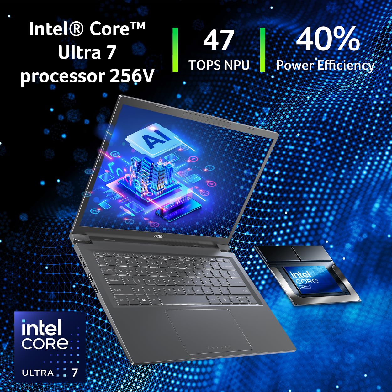 Acer Aspire 14 AI Copilot+ PC | 14" WUXGA Display | Intel Core Ultra 7 Processor 256V | NPU: Up to 47 Tops - GPU: Up to 64 Tops | Intel ARC 140V | 16GB LPDDR5X | 1TB SSD | Wi-Fi 6E | A14-52M-72S0