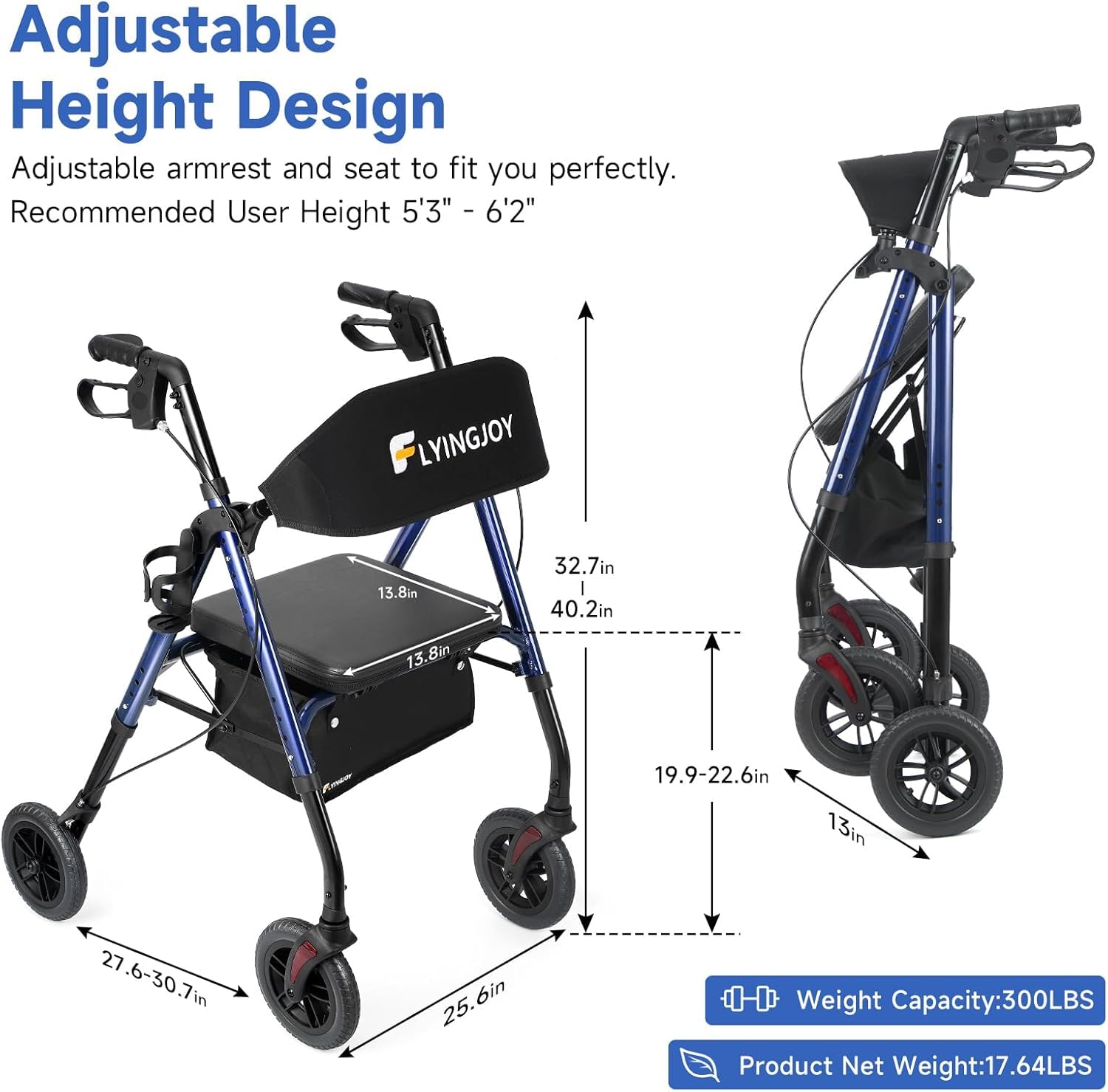 Lightweight Rollator Walker with Seat & Backrest - Foldable Mobility Aid for Seniors, 8" Large Airless Tires, Adjustable Height, Brake,Storage Bag,300 lbs Capacity, 4 Wheel Rolling Walkers for Adults