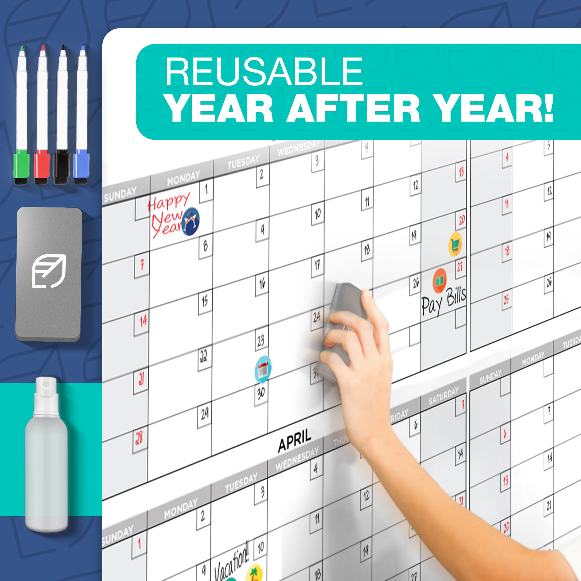 Giant Wall Calendar 2025, 38" x 58" - Dry Erase, Undated, Yearly, Reusable - 12 Month Large Whiteboard for Home, Classroom & Office, Includes Markers, Eraser & Accessories