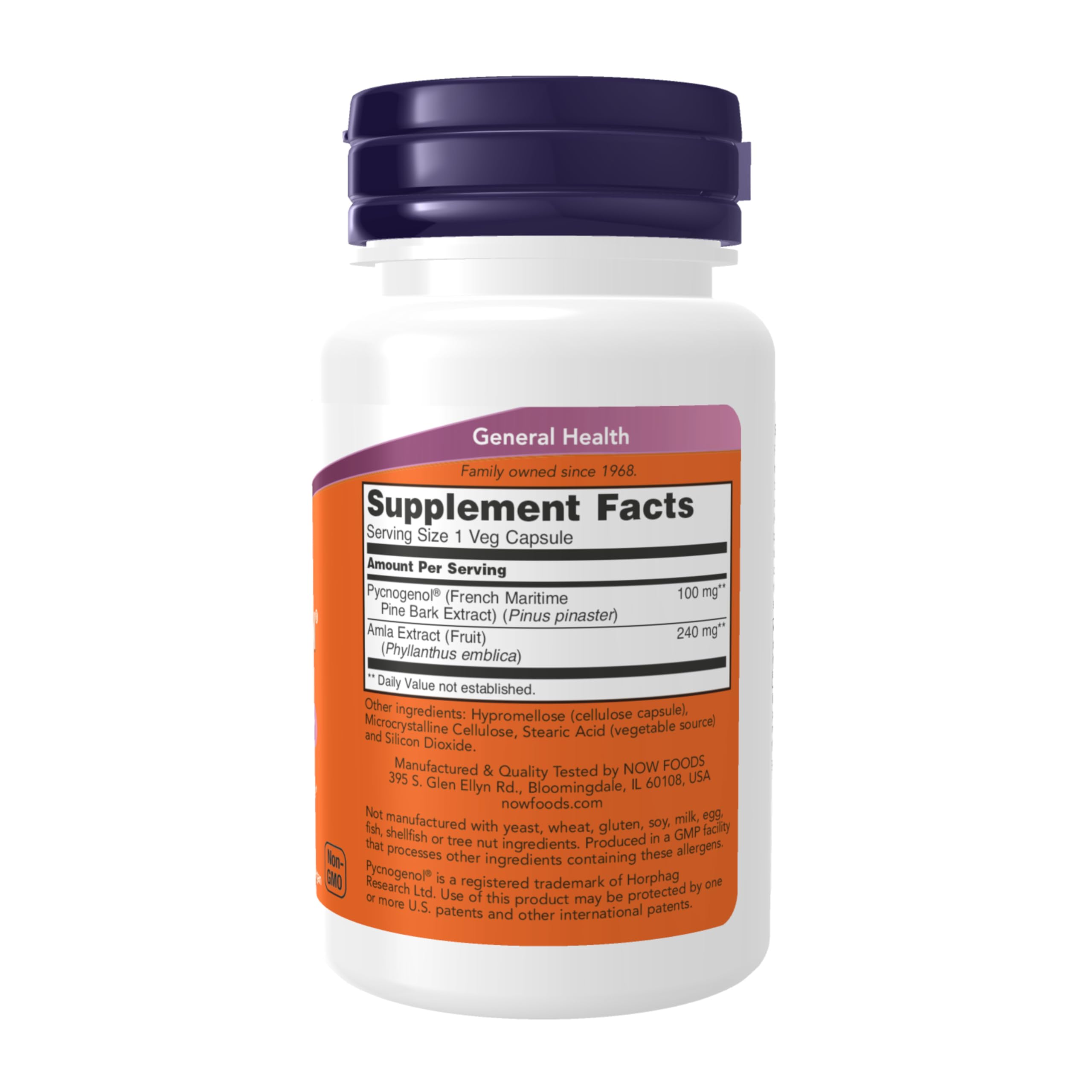 NOW Foods Supplements, Pycnogenol 100 mg (a Unique Combination of Proanthocyanidins from French Maritime Pine) with Amla, 60 Veg Capsules