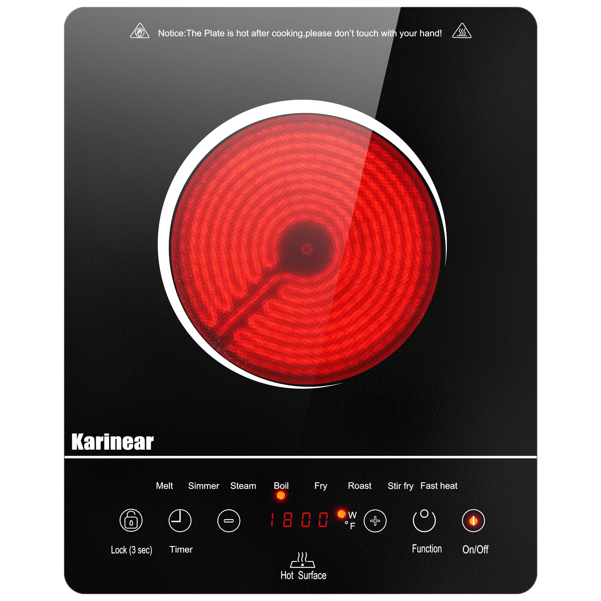 Karinear Portable Electric Cooktop, Electric Stove Single Burner Ceramic Cooktop with Touch Control, Child Safety Lock, Timer, Residual Heat Indicator, Overheat Protection, 1800W 110V Infrared Burner